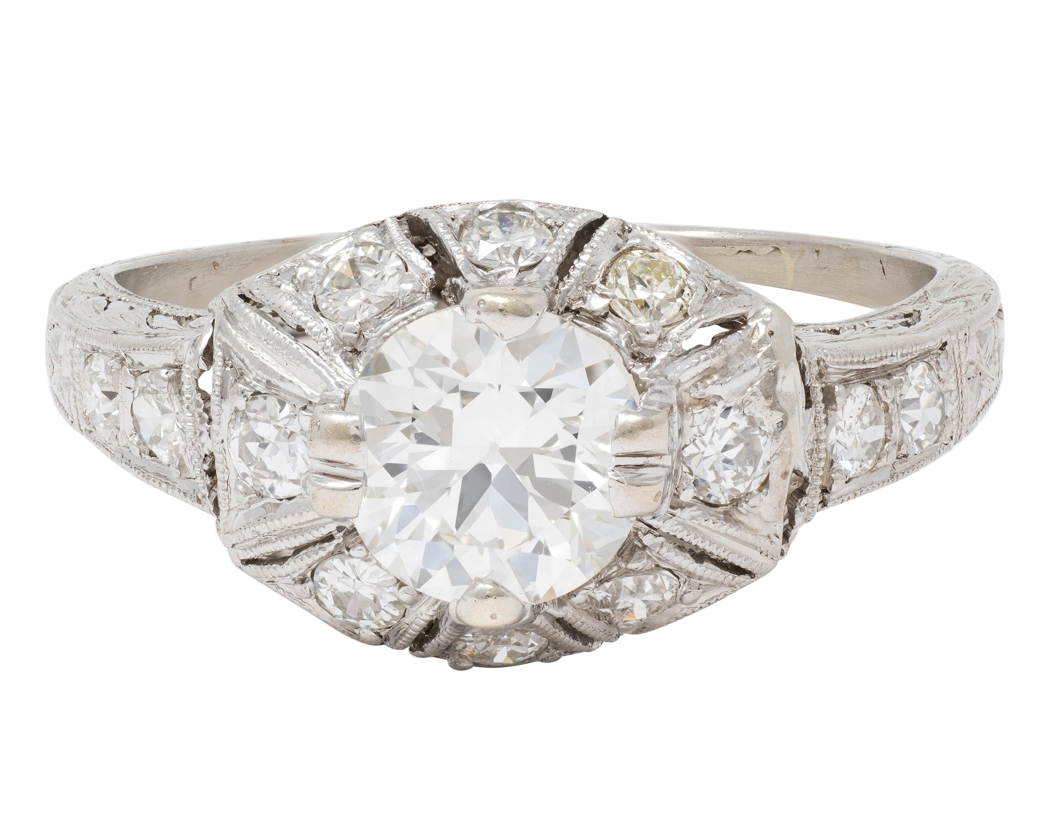 Art Deco Old European Diamond Platinum Vintage Scrolling Palm Engagement Ring