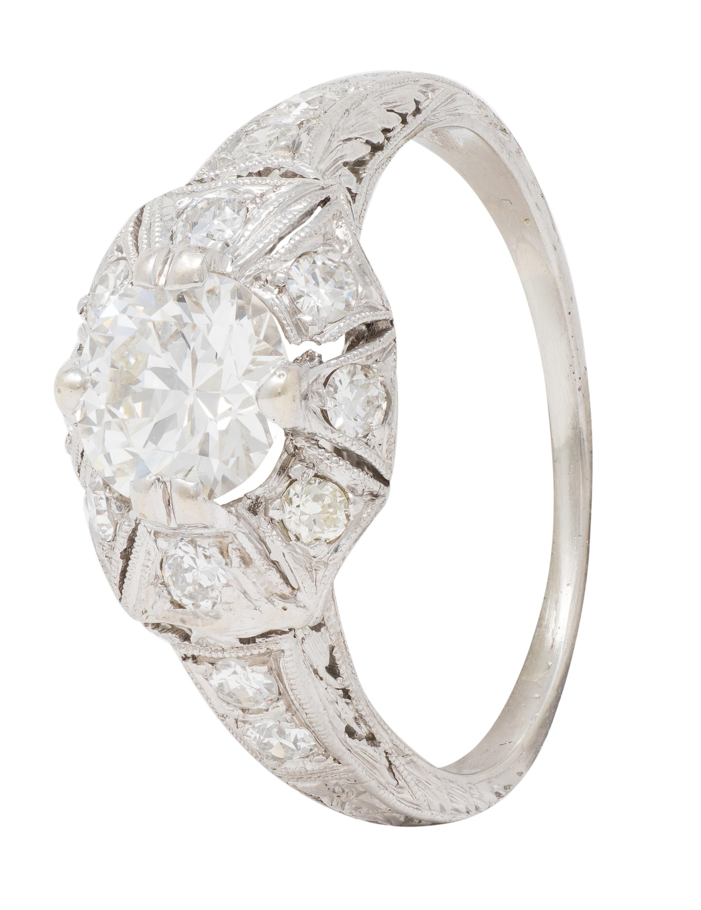 Art Deco Old European Diamond Platinum Vintage Scrolling Palm Engagement Ring