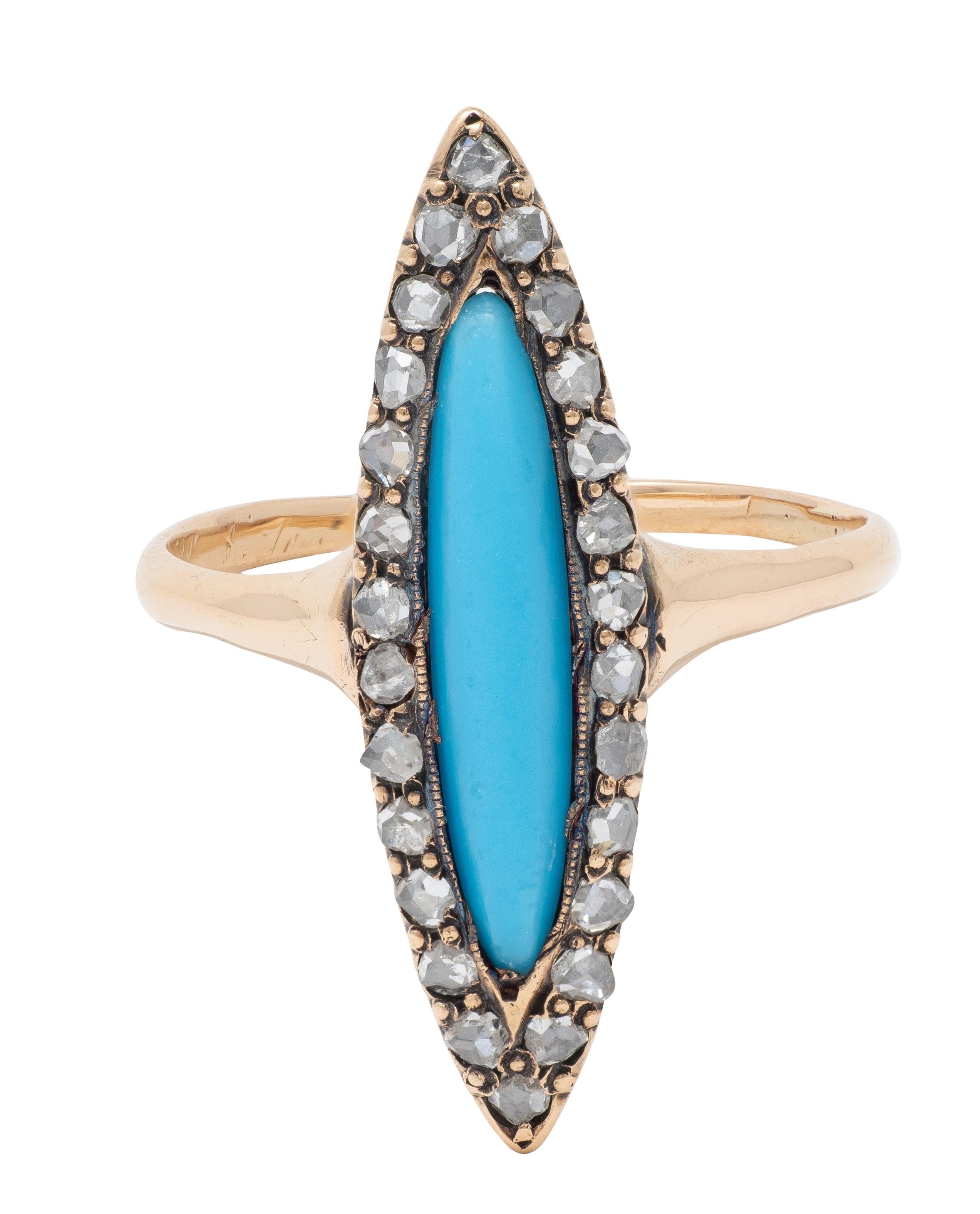 Victorian Turquoise Diamond 14 Karat Rose Gold Antique Navette Halo Ring