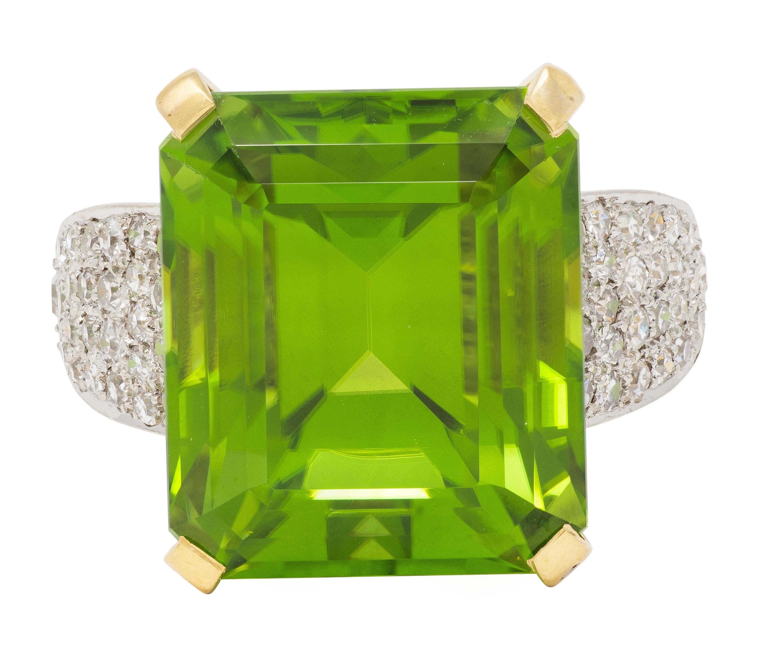 Retro 28.96 CTW Peridot Diamond Platinum 18K Yellow Gold Vintage Cocktail Ring