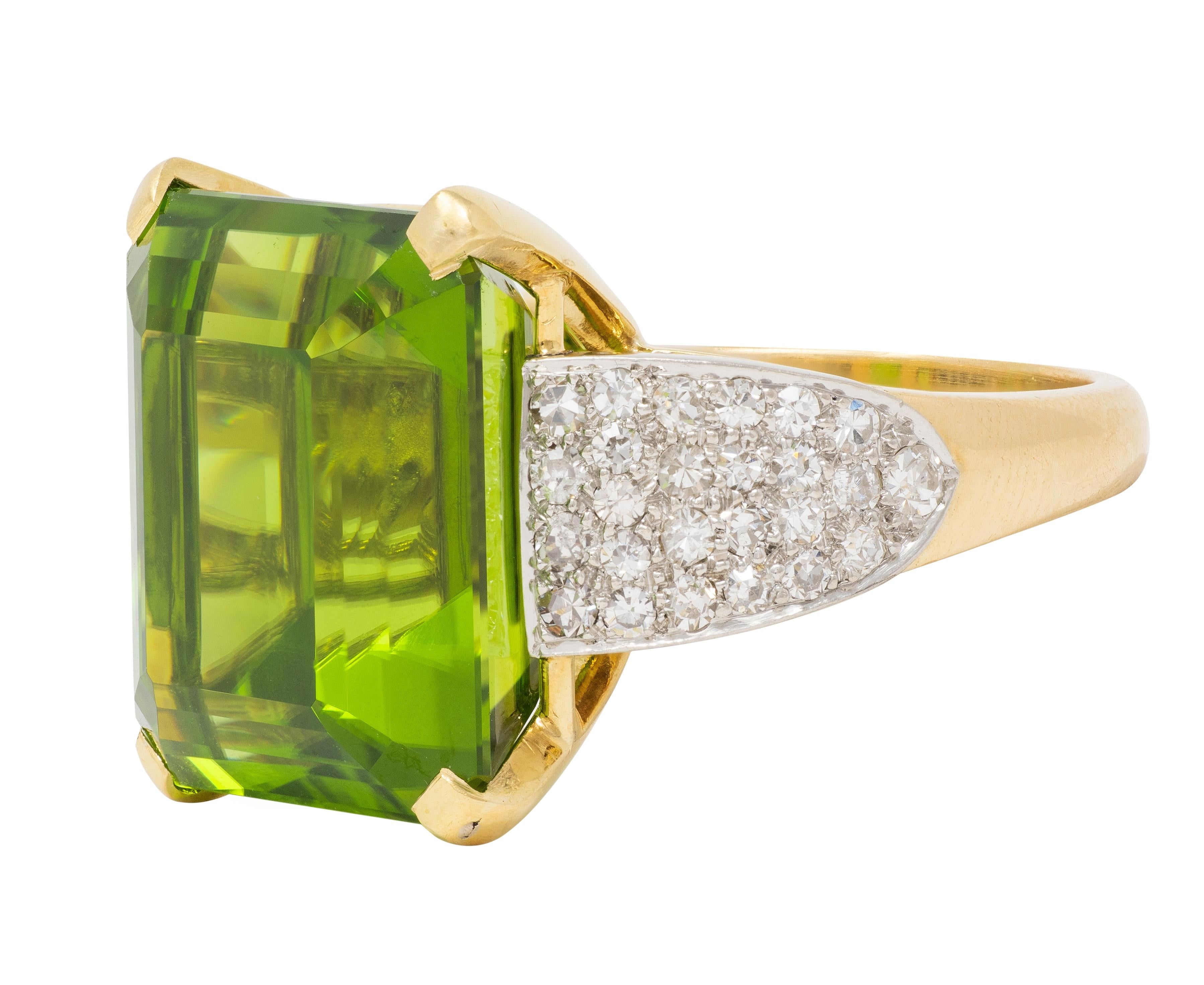 Retro 28.96 CTW Peridot Diamond Platinum 18K Yellow Gold Vintage Cocktail Ring