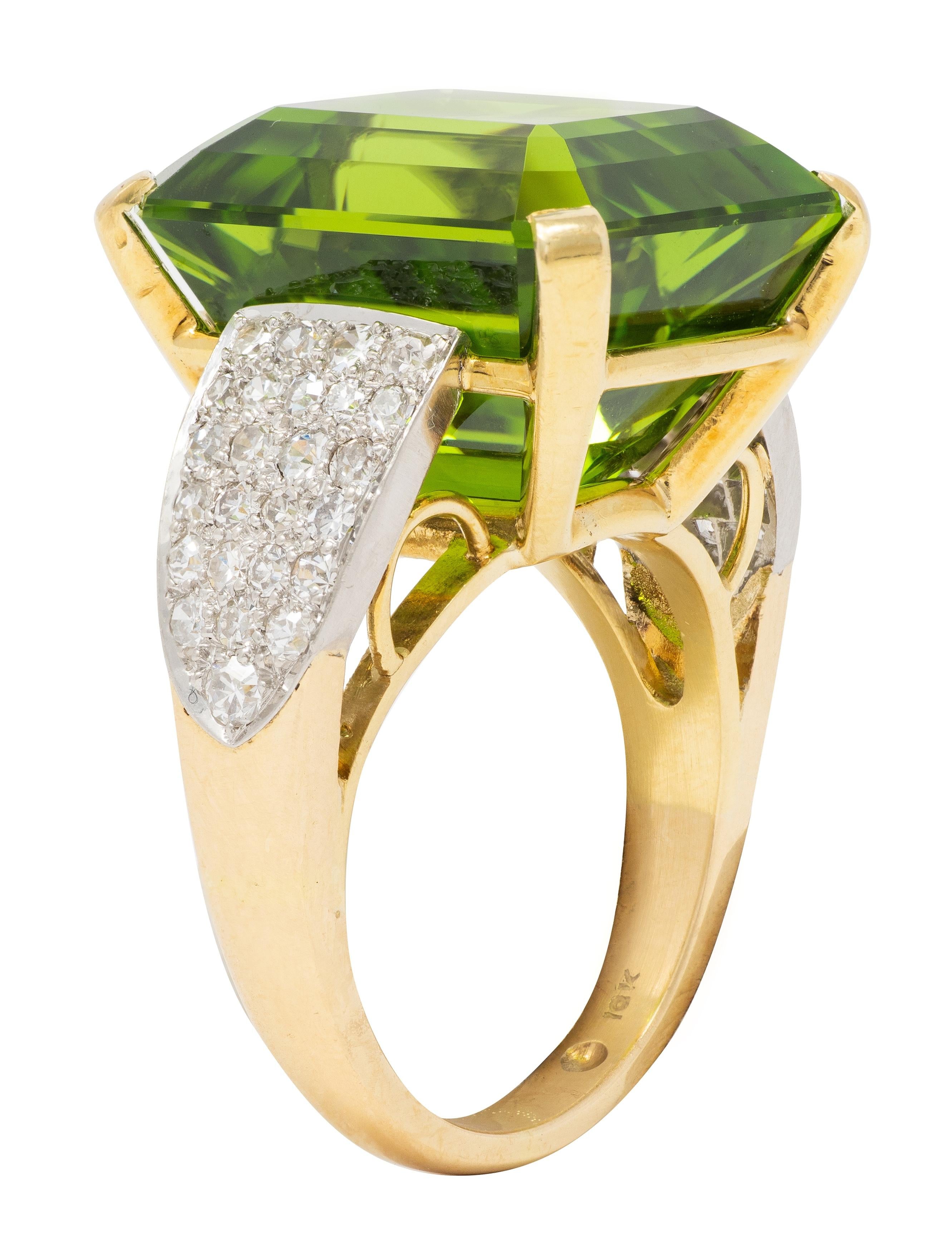 Retro 28.96 CTW Peridot Diamond Platinum 18K Yellow Gold Vintage Cocktail Ring