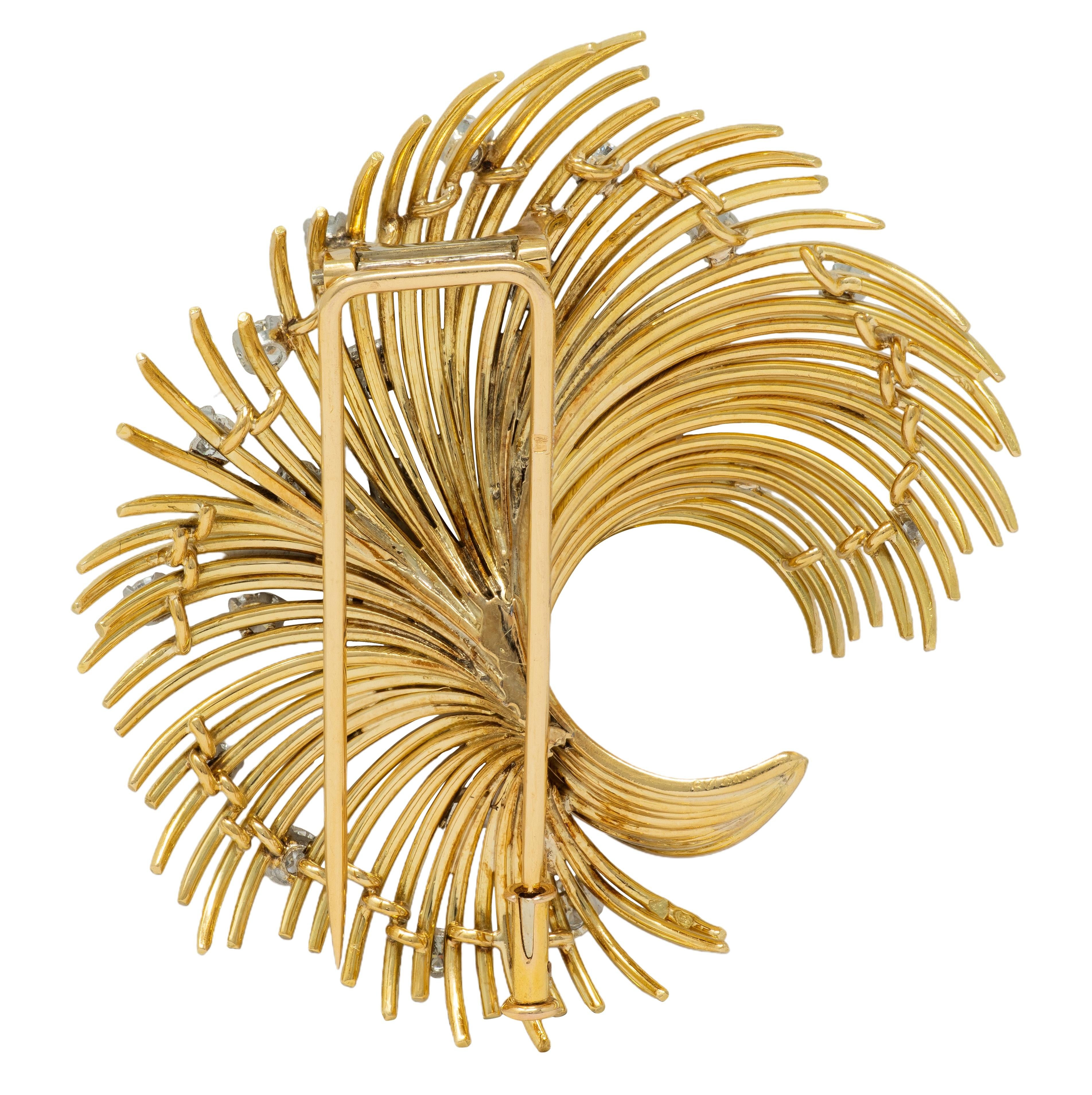 Bvlgari French 1950's Diamond Platinum 18K Gold Vintage Spray Brooch