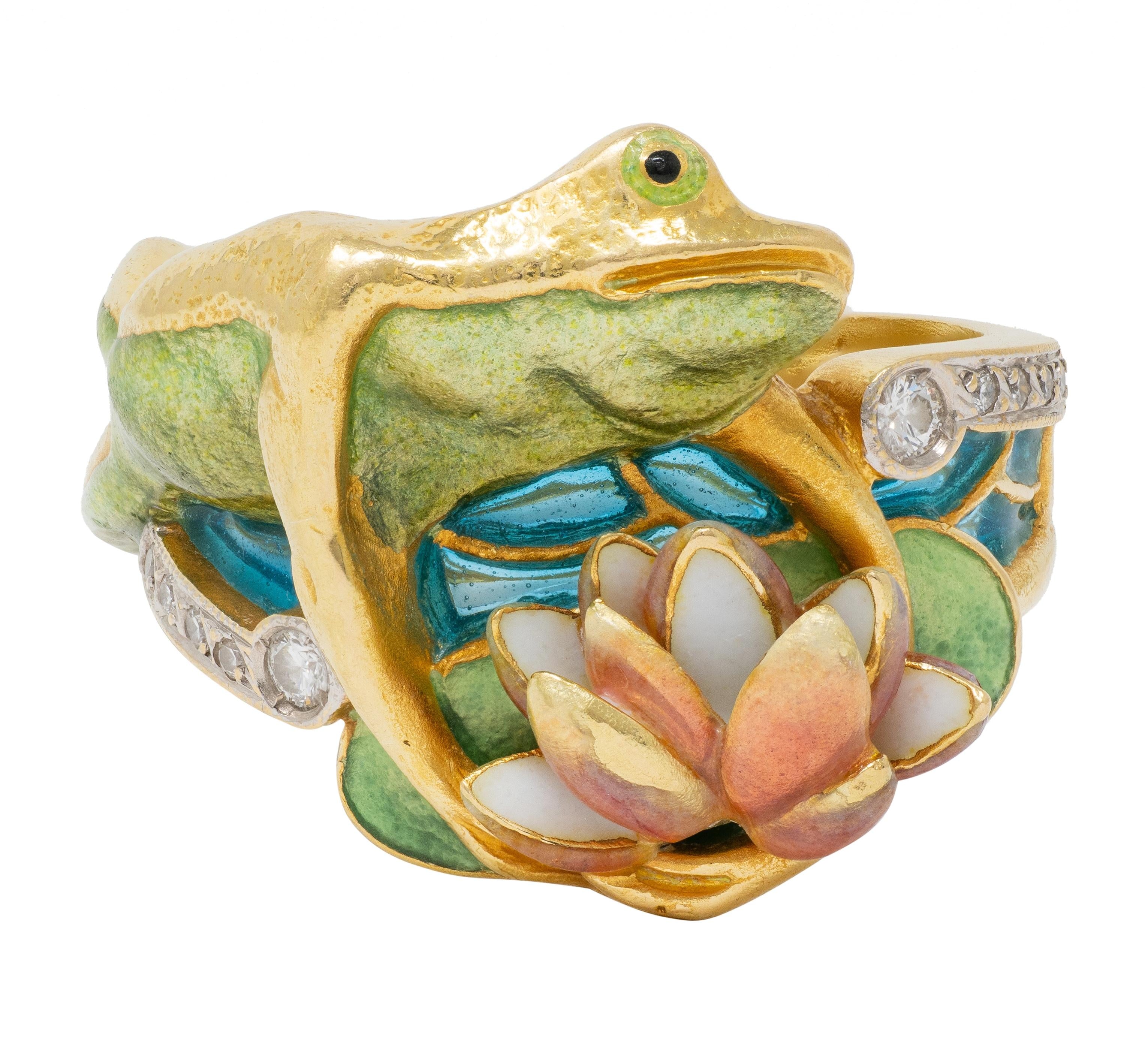 Masriera Contemporary Diamond Enamel 18K Gold Platinum Frog Water Lily Ring