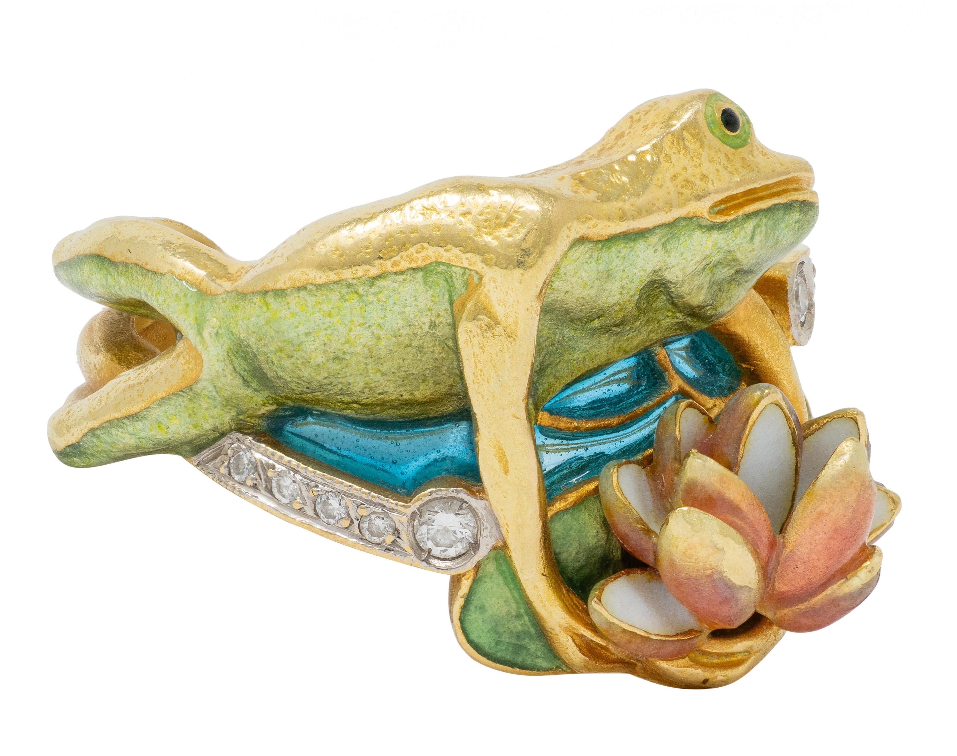 Masriera Contemporary Diamond Enamel 18K Gold Platinum Frog Water Lily Ring