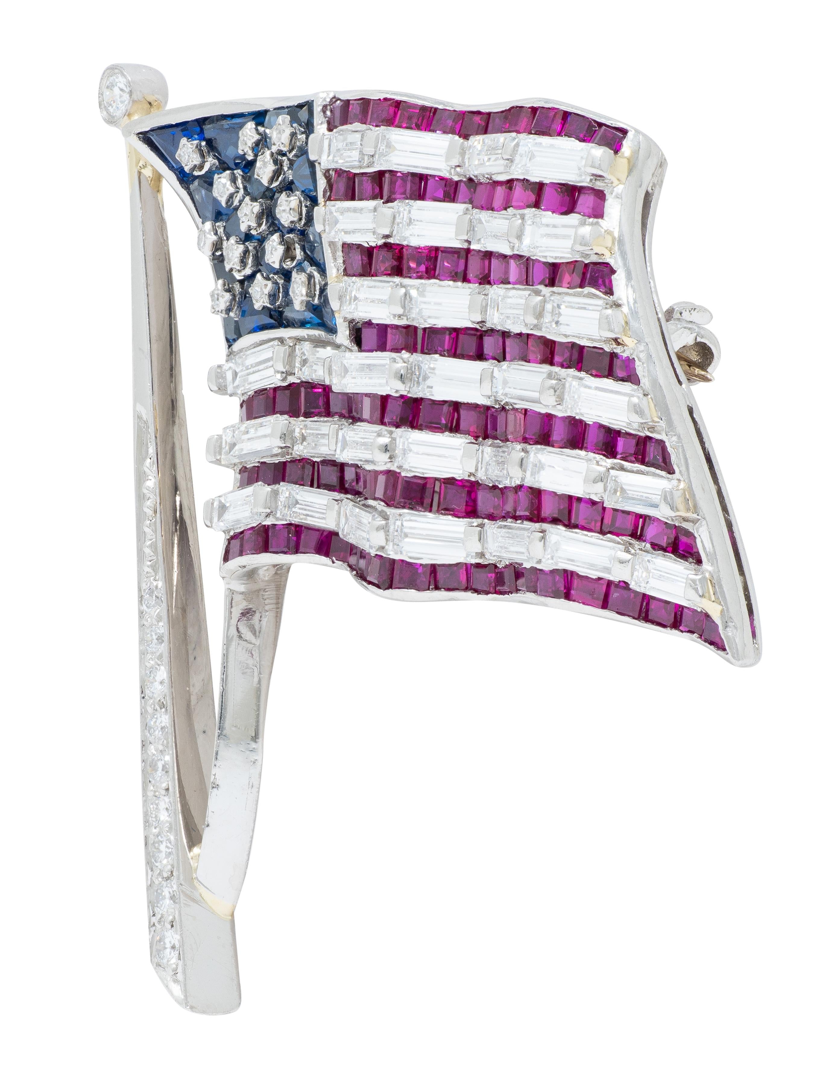 Oscar Heyman Ruby Sapphire Diamond Platinum Vintage American Flag Brooch