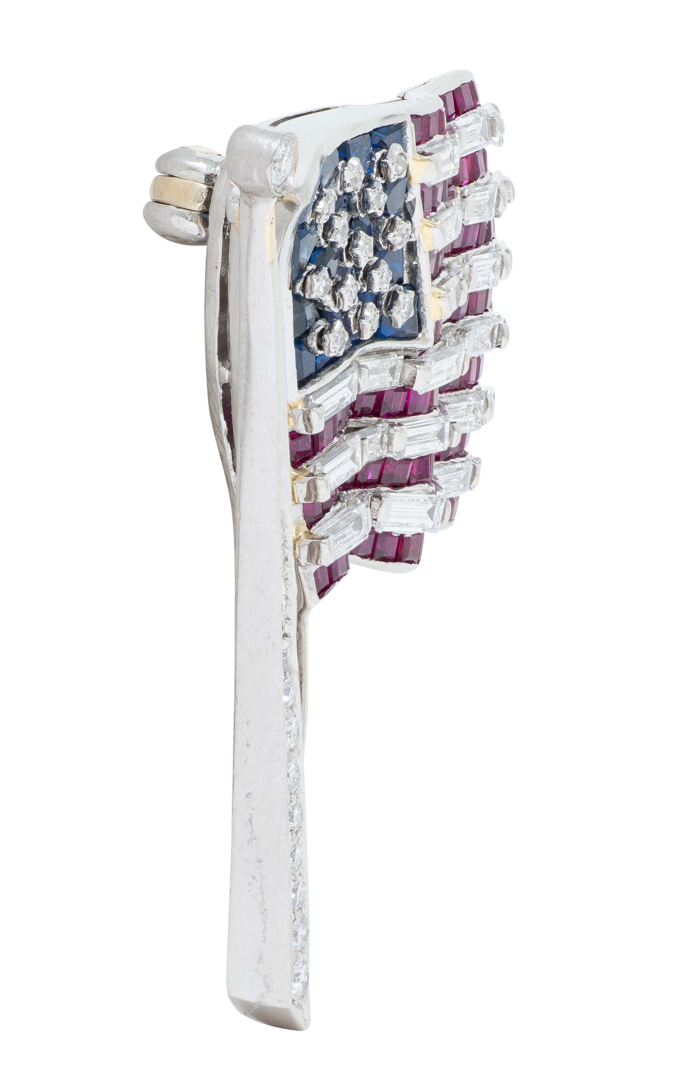 Oscar Heyman Ruby Sapphire Diamond Platinum Vintage American Flag Brooch