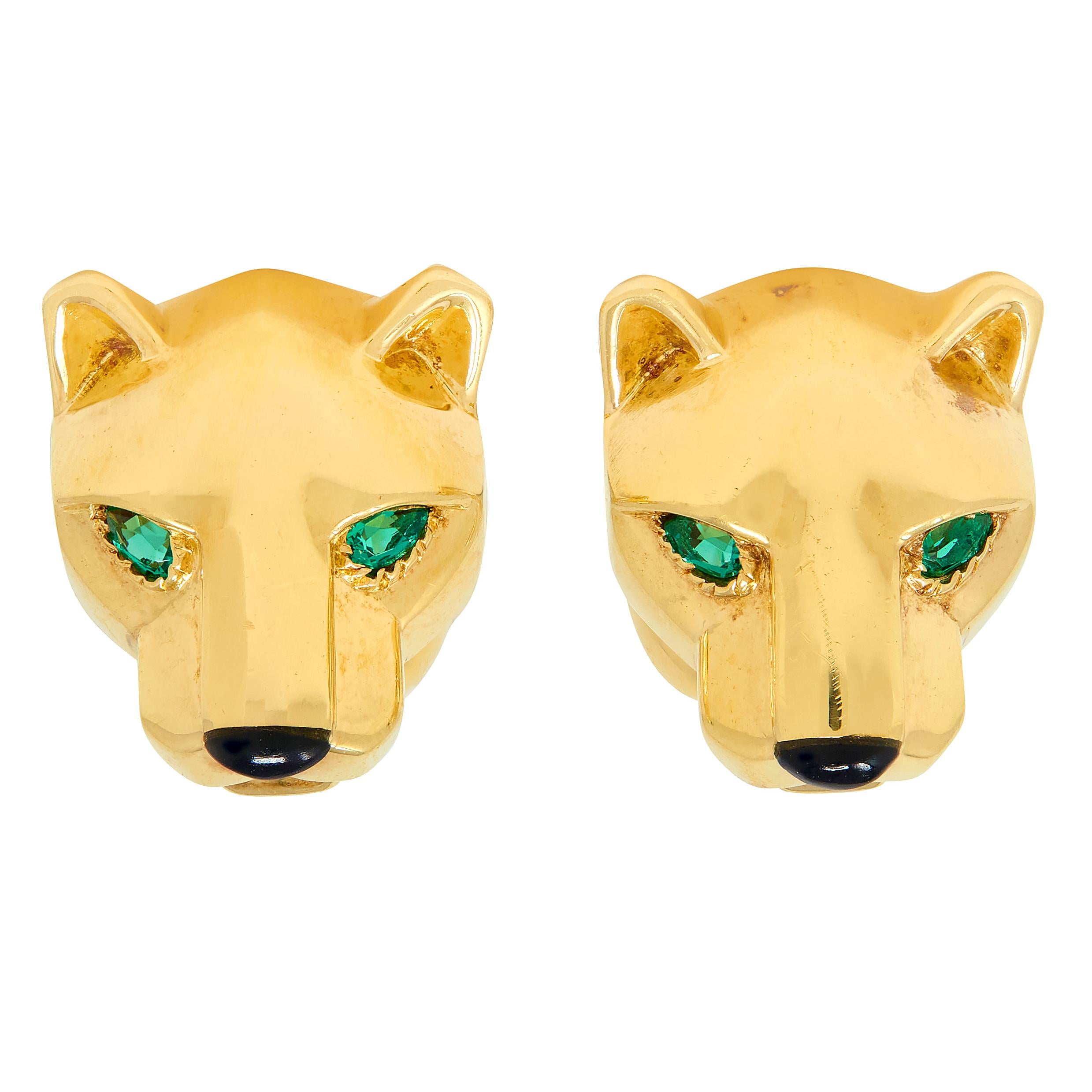Cartier Emerald Onyx 18 Karat Yellow Gold Panther Cufflinks & Shirt Stud Set