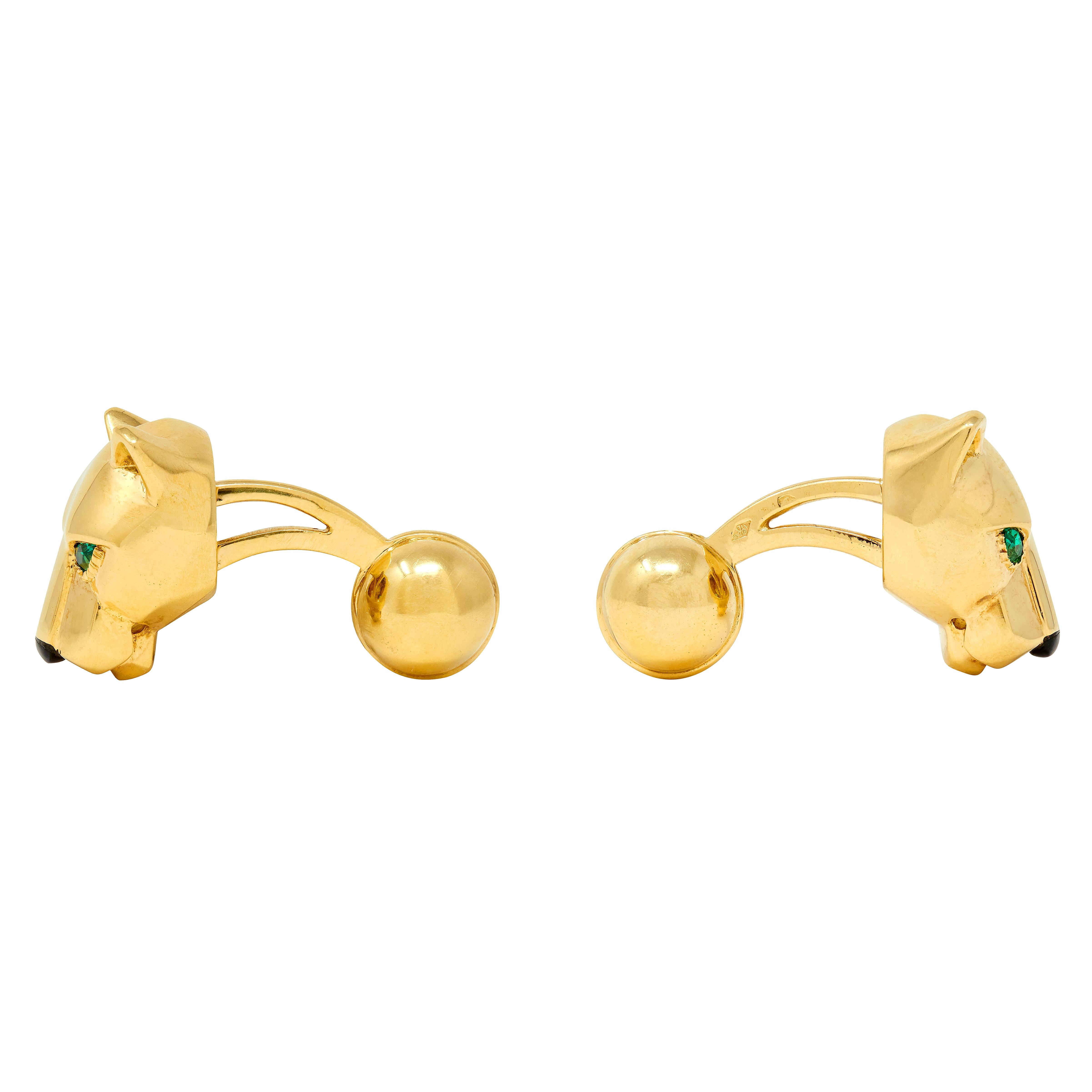 Cartier Emerald Onyx 18 Karat Yellow Gold Panther Cufflinks & Shirt Stud Set