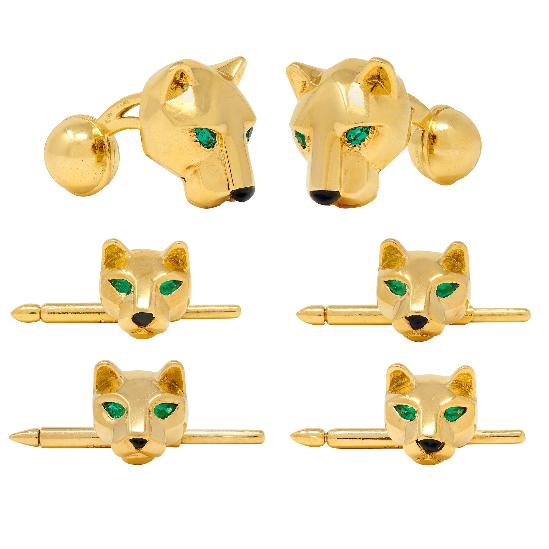 Cartier Emerald Onyx 18 Karat Yellow Gold Panther Cufflinks & Shirt Stud Set