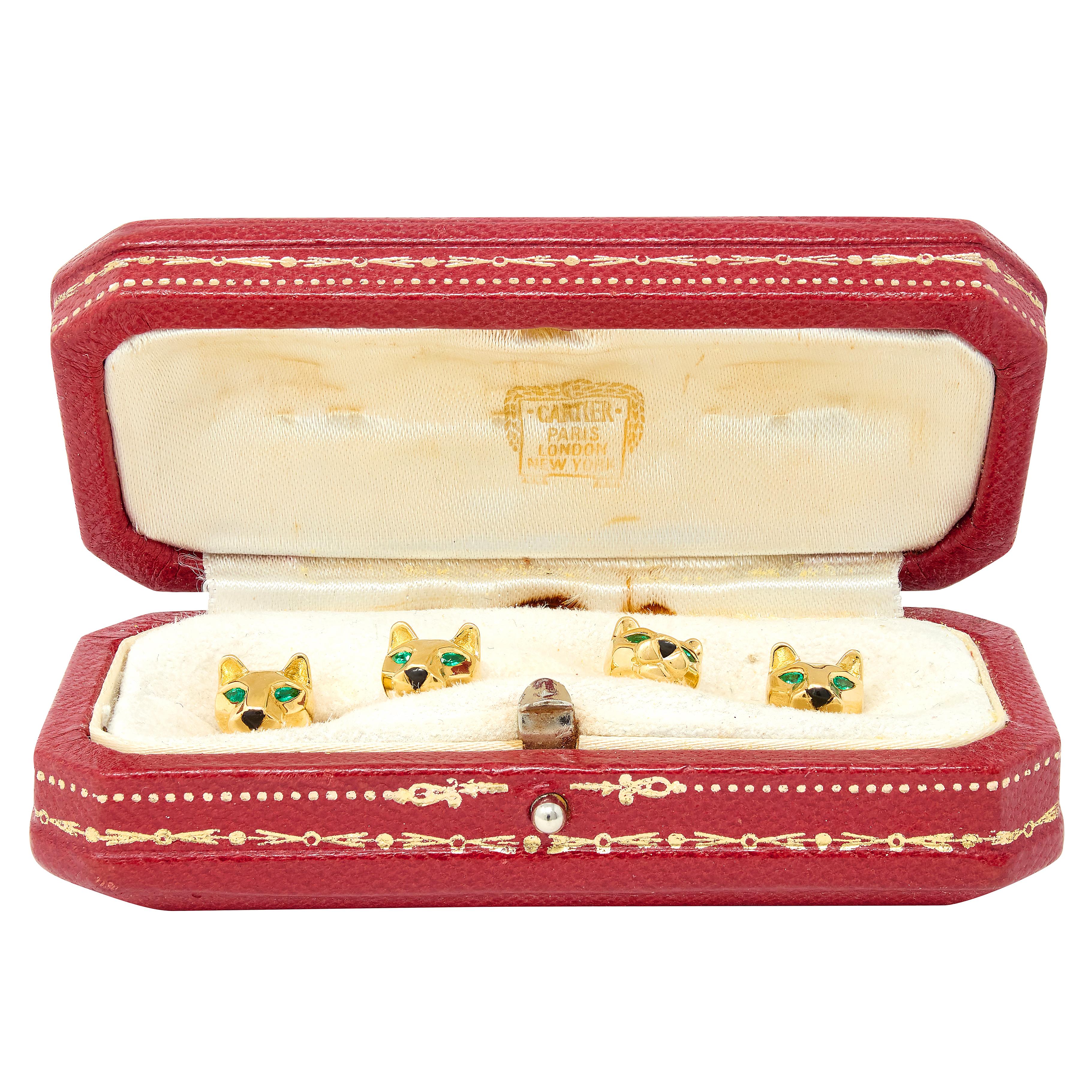 Cartier Emerald Onyx 18 Karat Yellow Gold Panther Cufflinks & Shirt Stud Set