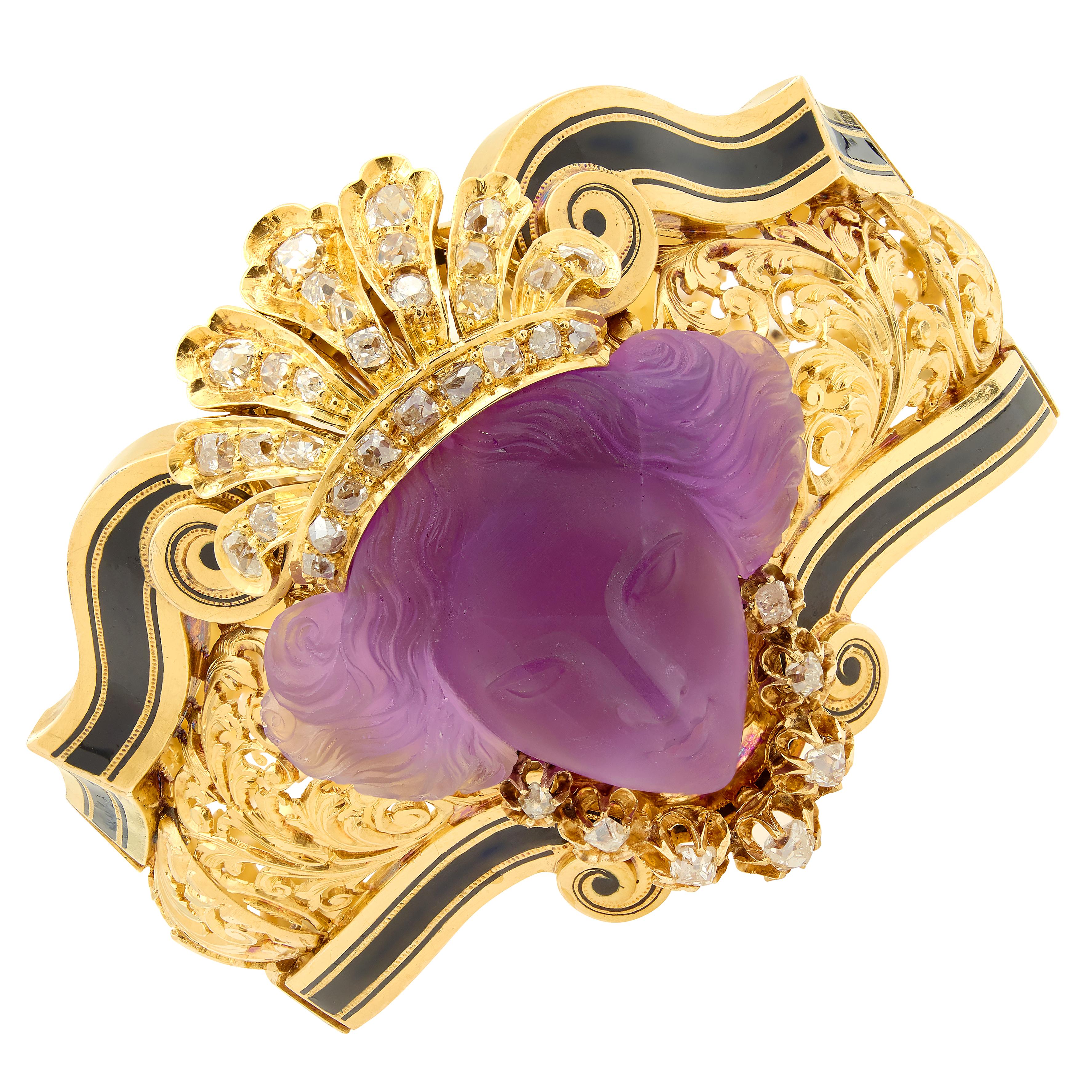Victorian French Diamond Amethyst Enamel 18K Gold Carved Queen Bust Bracelet