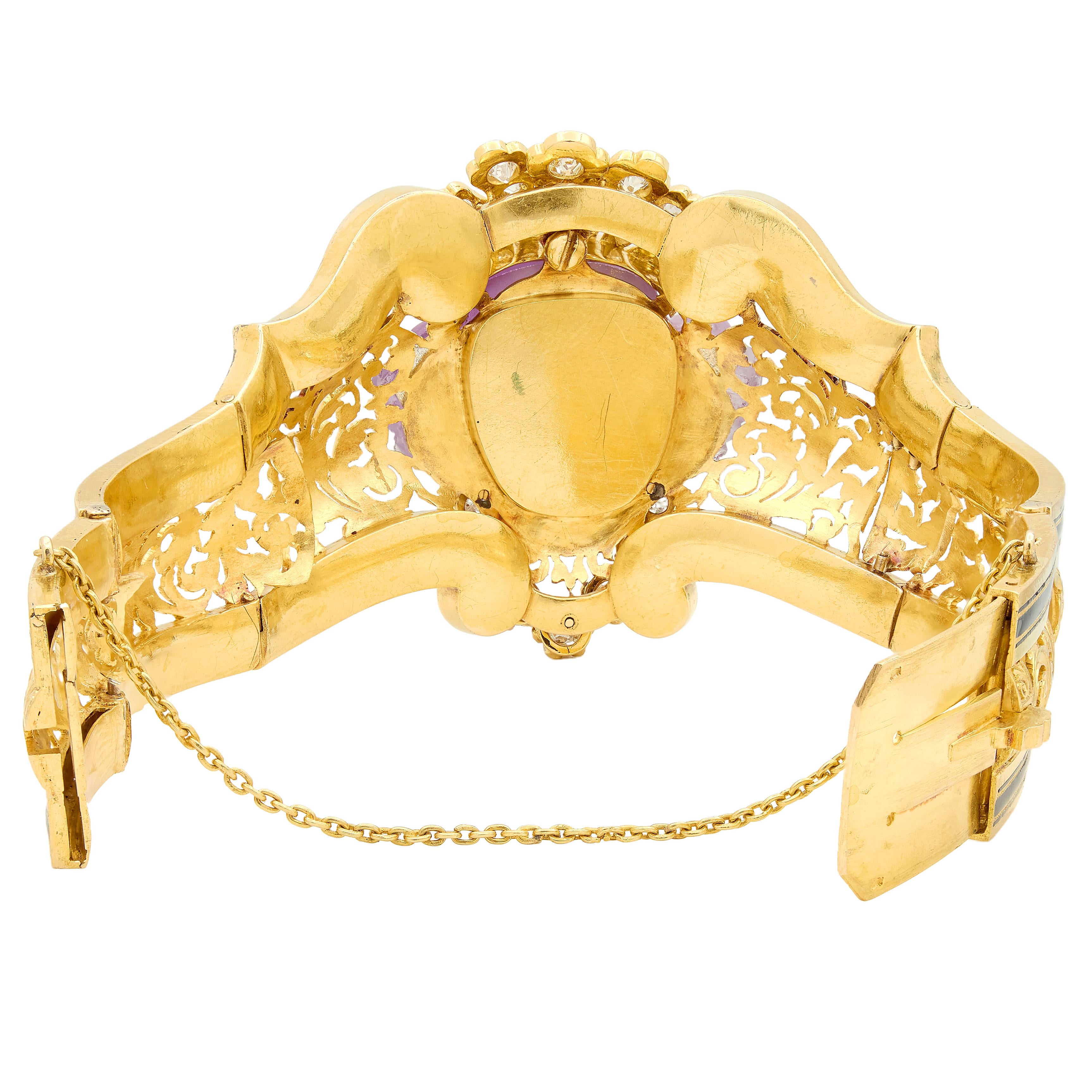 Victorian French Diamond Amethyst Enamel 18K Gold Carved Queen Bust Bracelet