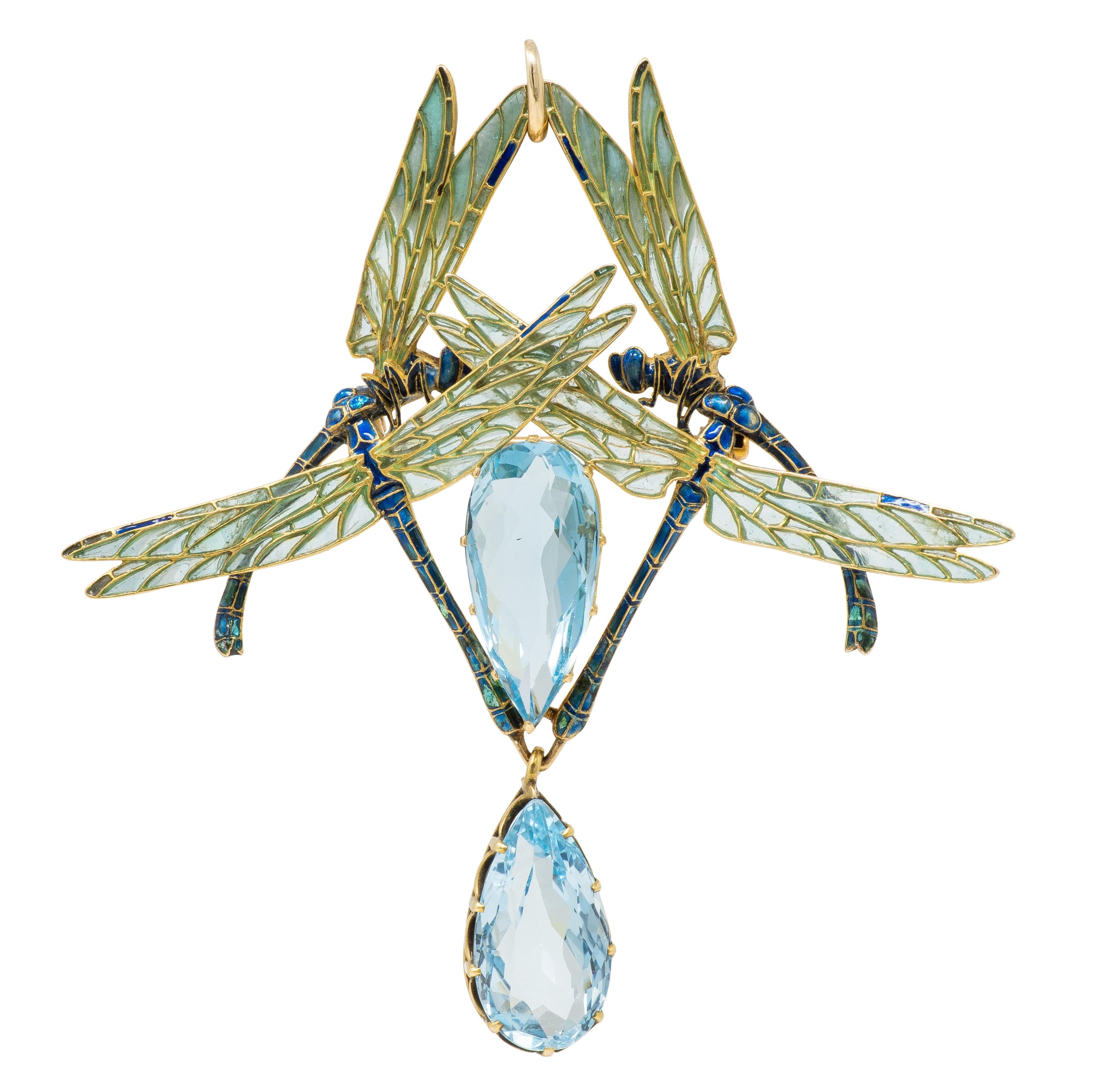 Rene Lalique 1903 Aquamarine Enamel 18K Gold Antique Four Dragonflies Necklace