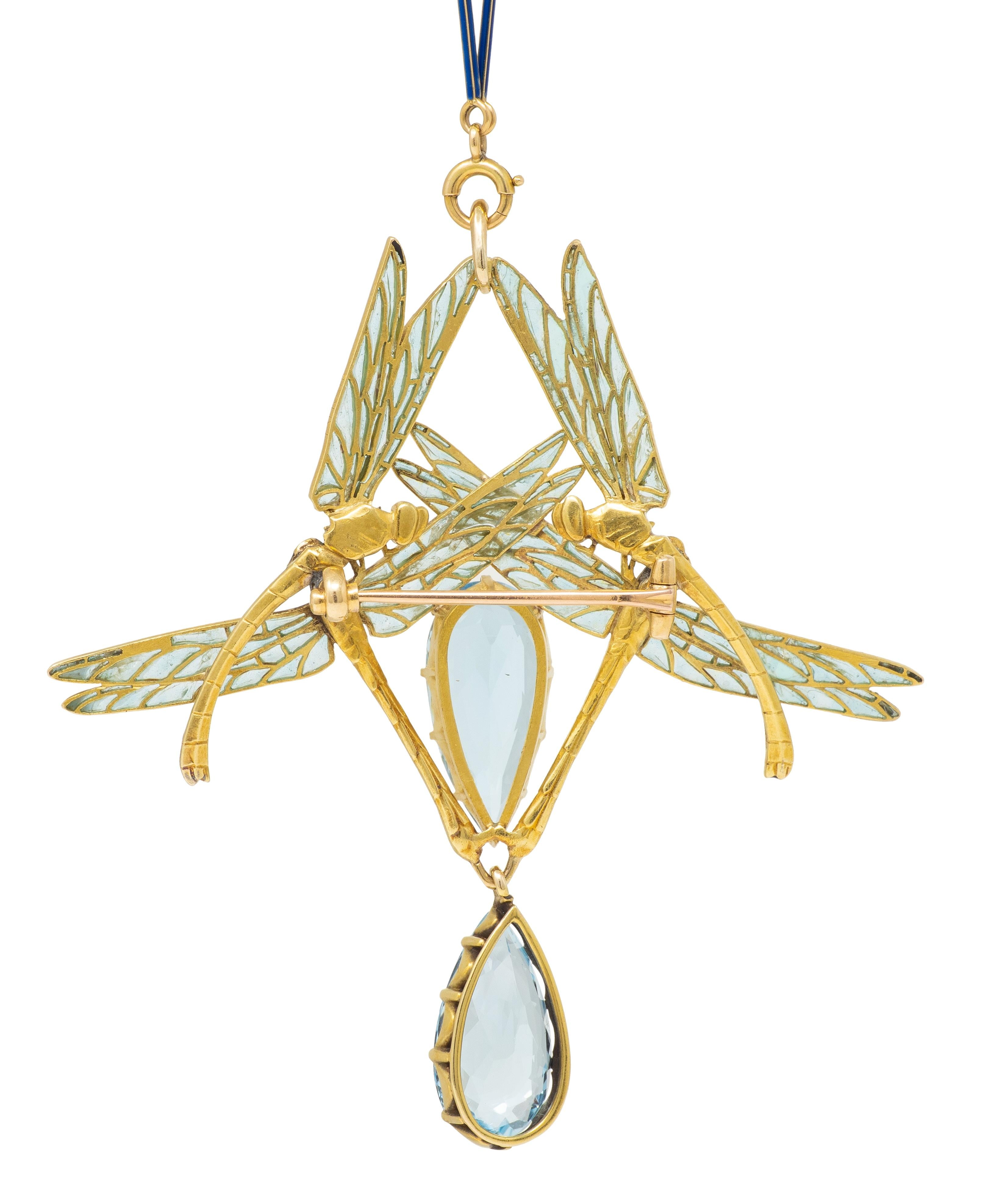 Rene Lalique 1903 Aquamarine Enamel 18K Gold Antique Four Dragonflies Necklace