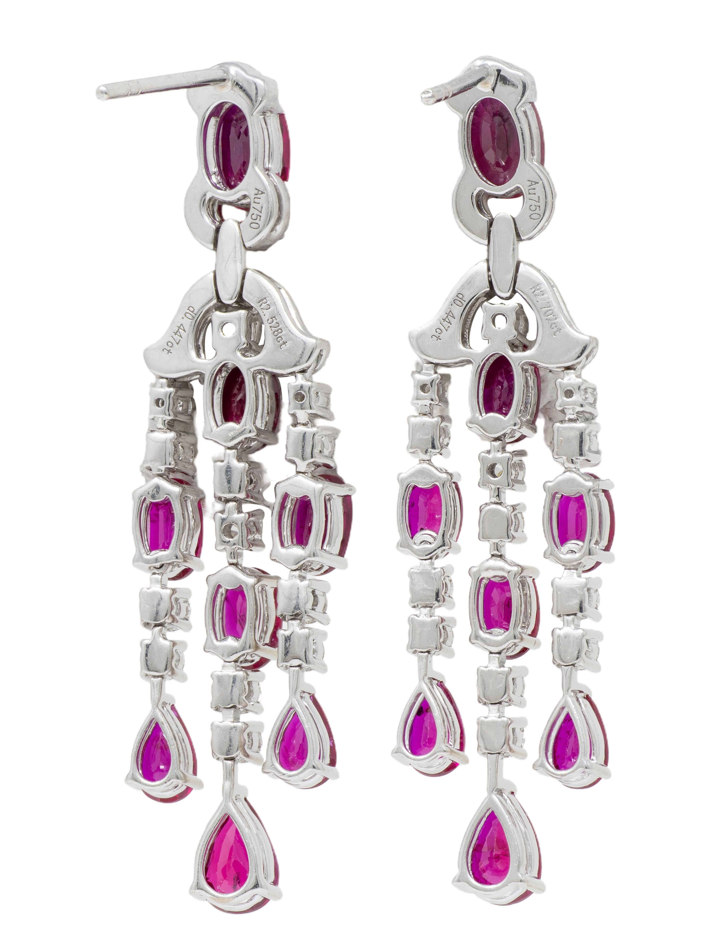 Contemporary 6.29 CTW Ruby Diamond 18 Karat White Gold Fringe Drop Earrings