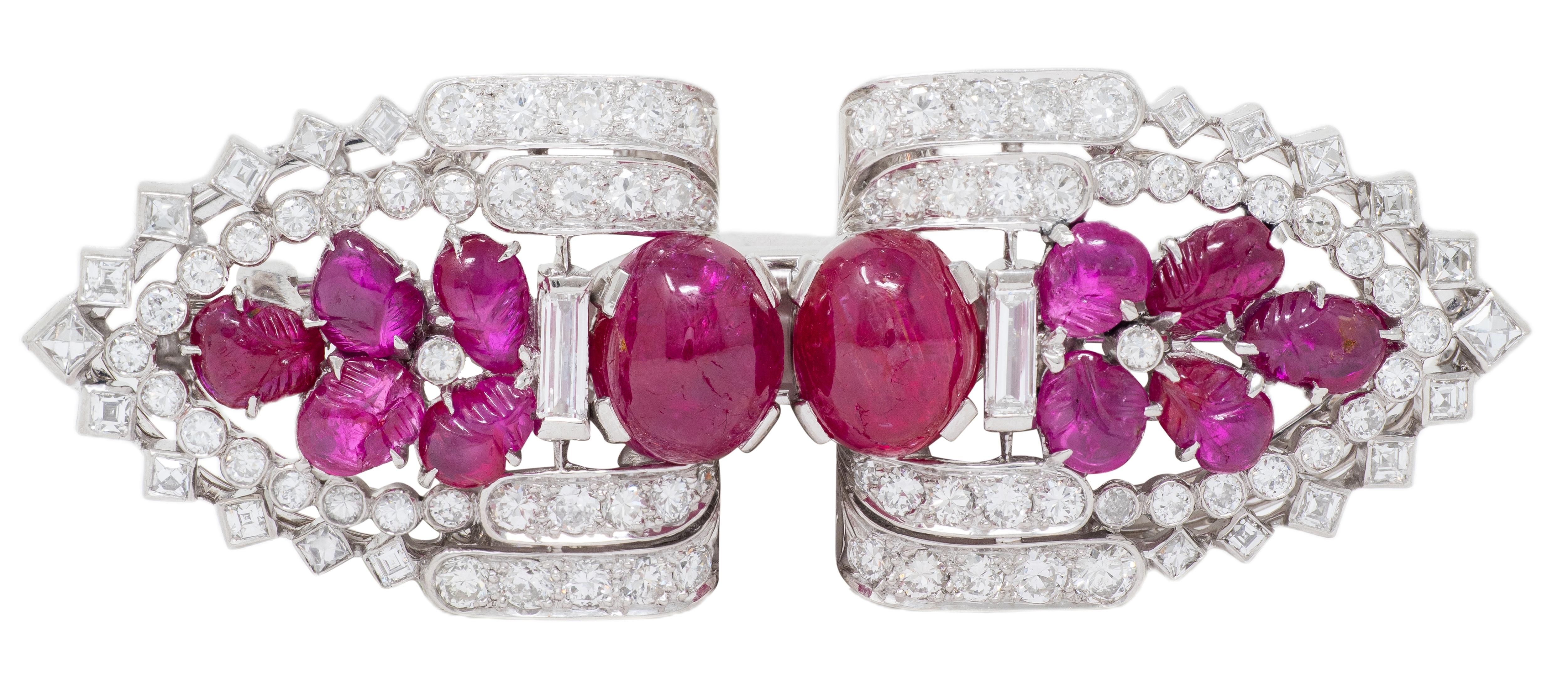 Art Deco Ruby Diamond Platinum Vintage Tutti Frutti Streamlined Brooch Clips