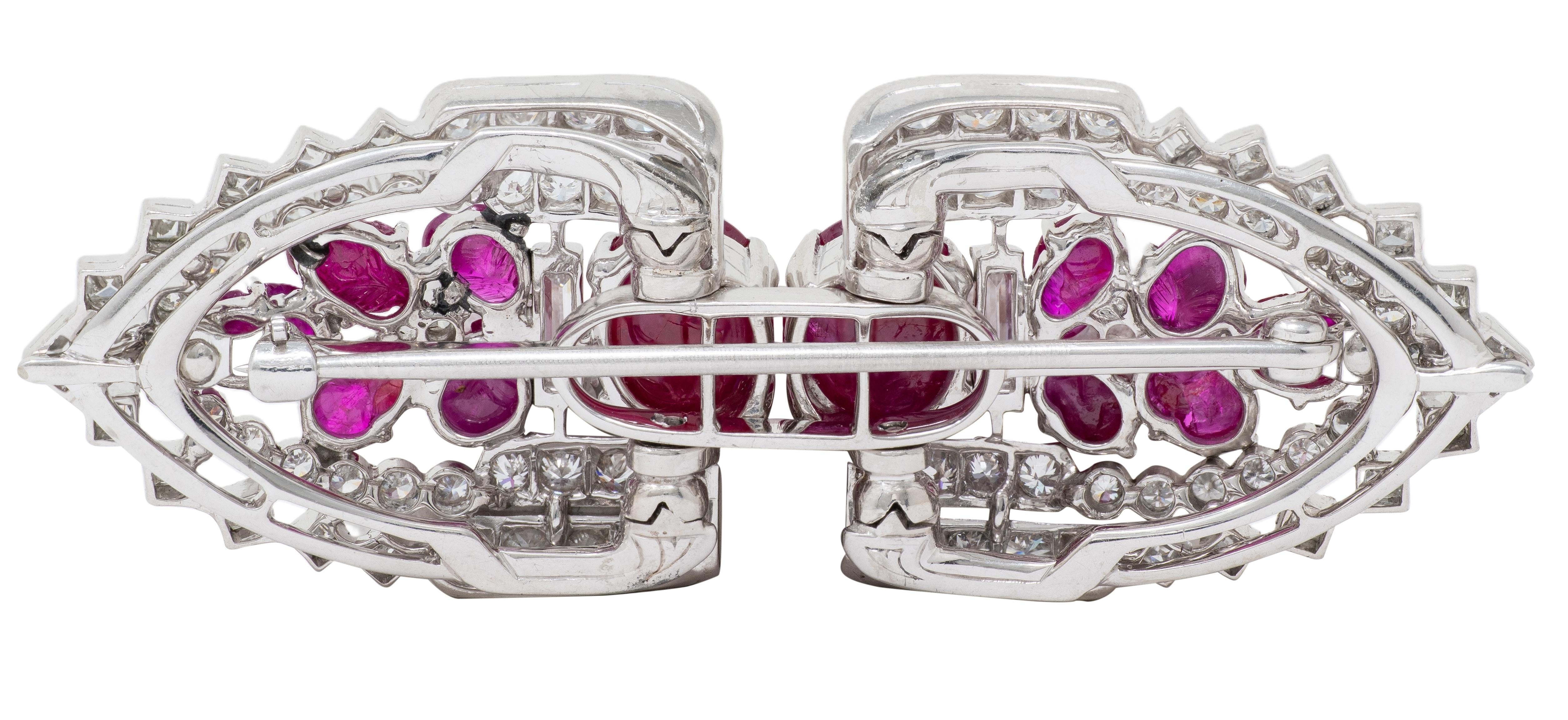 Art Deco Ruby Diamond Platinum Vintage Tutti Frutti Streamlined Brooch Clips