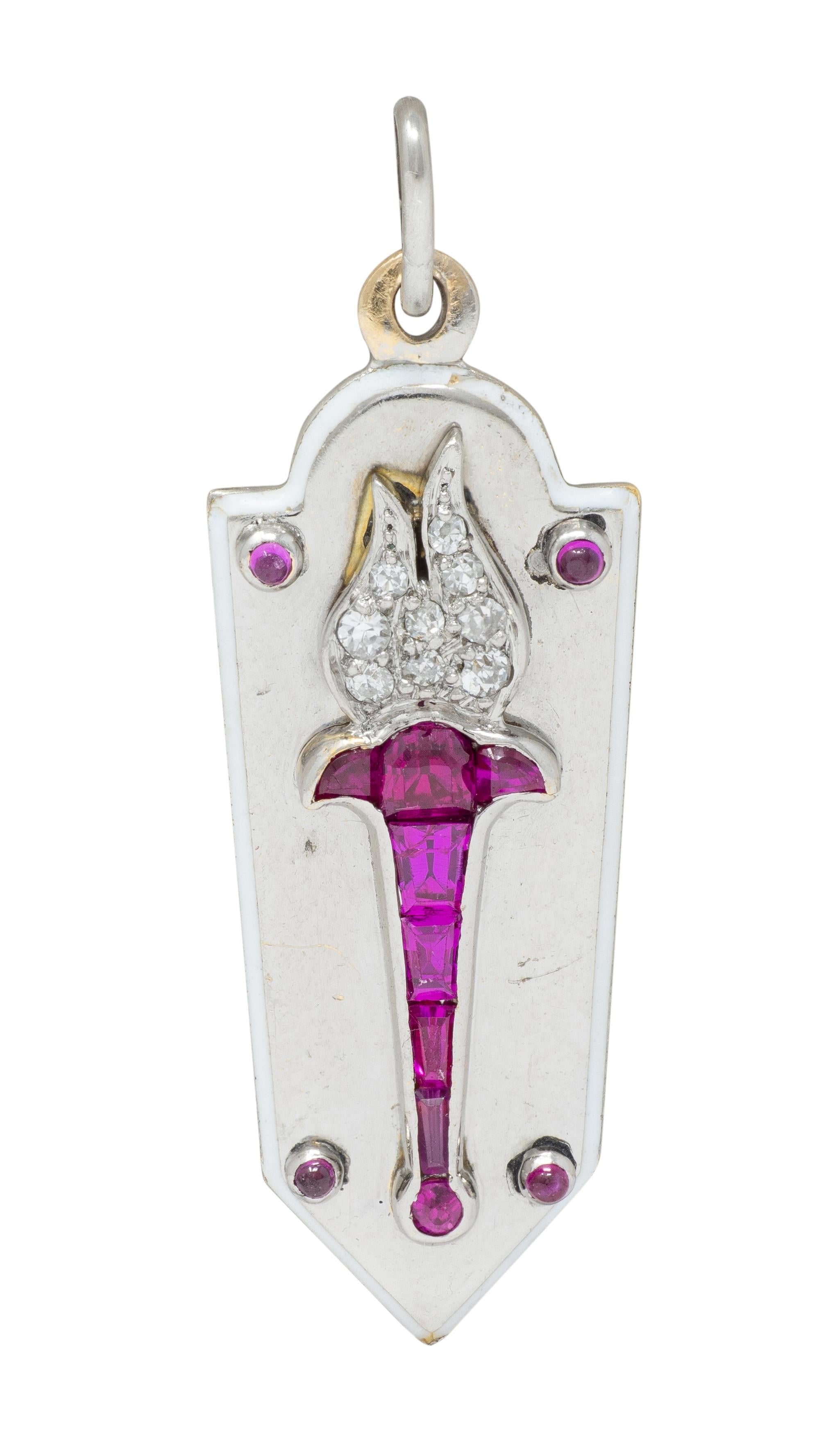 Art Deco Diamond Ruby Enamel 18 Karat White Gold Vintage Torch Charm