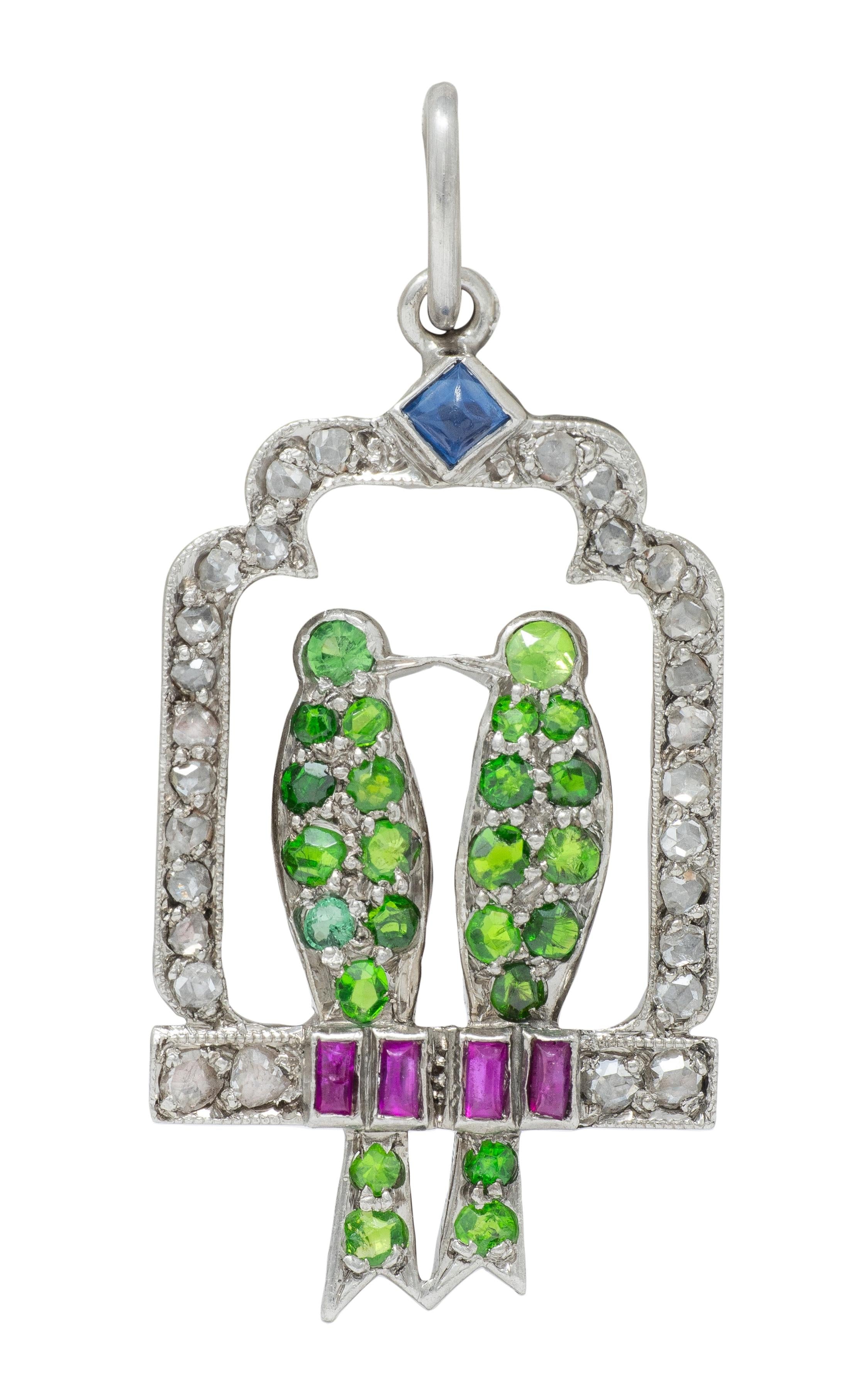 Art Deco Multi-Gem Diamond Platinum Vintage Lovebird Charm