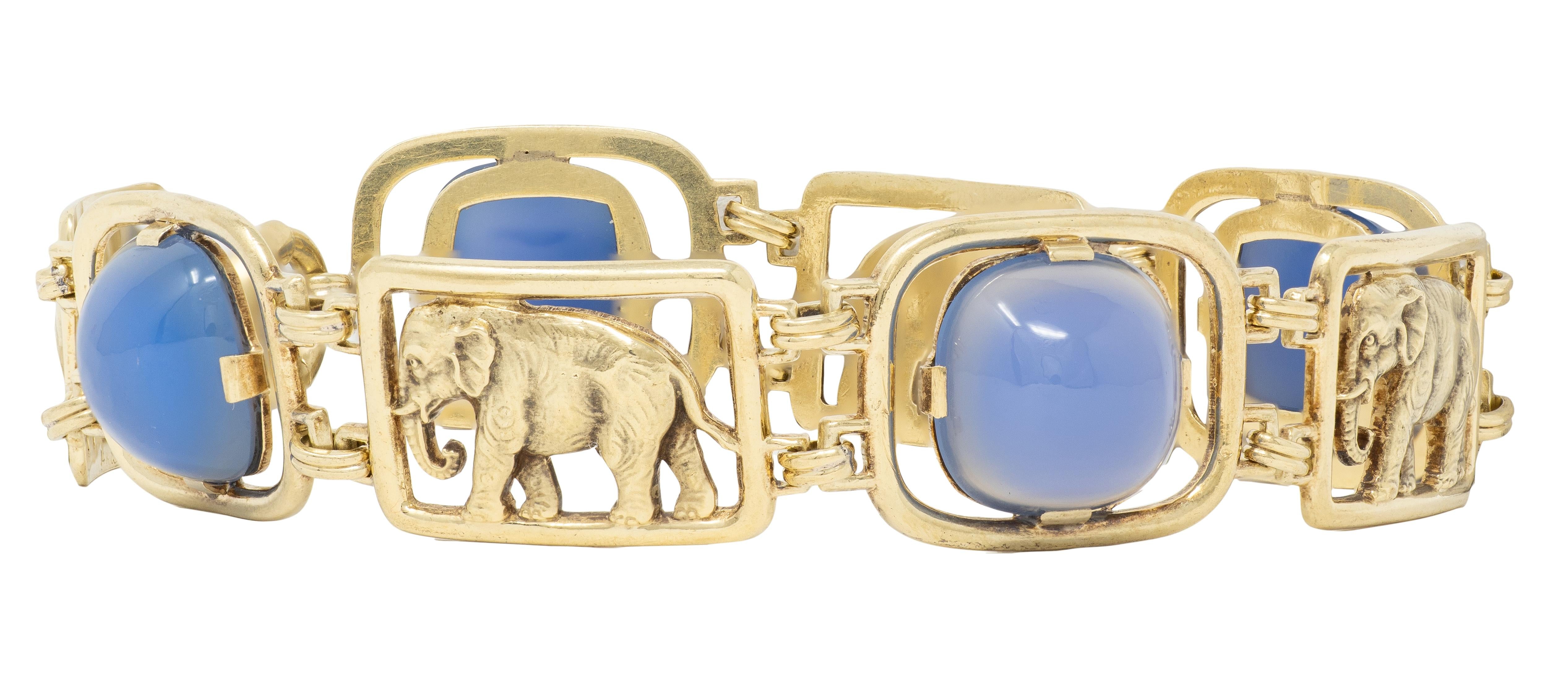 Carter Gough & Co. Art Deco Blue Chalcedony 14K Gold Vintage Elephant Bracelet