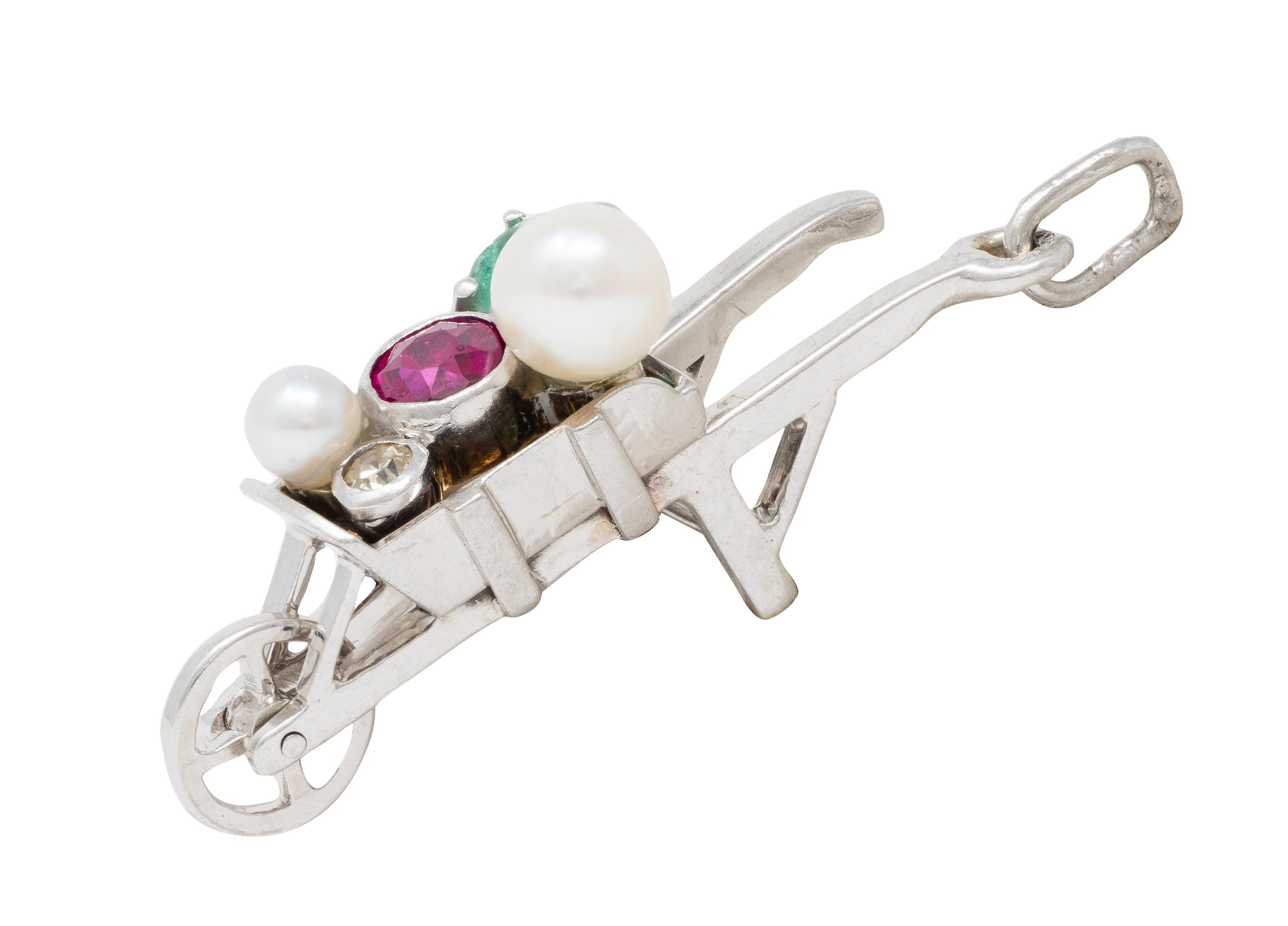 Art Deco French Multi-Gem 18 Karat White Gold Vintage Wheel Barrow Charm