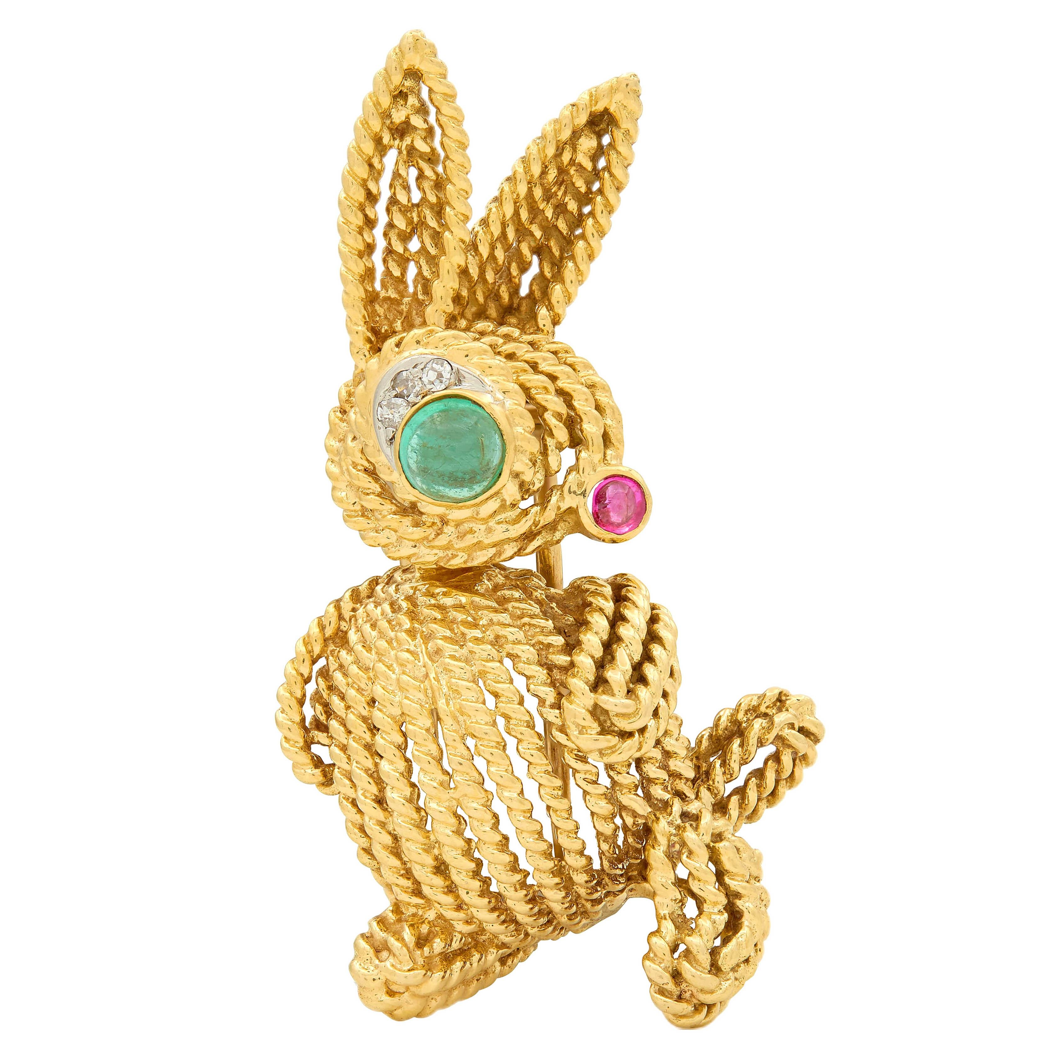 Van Cleef & Arpels Multi-Gem 18K Platinum Vintage Charming Animals Bunny Brooch