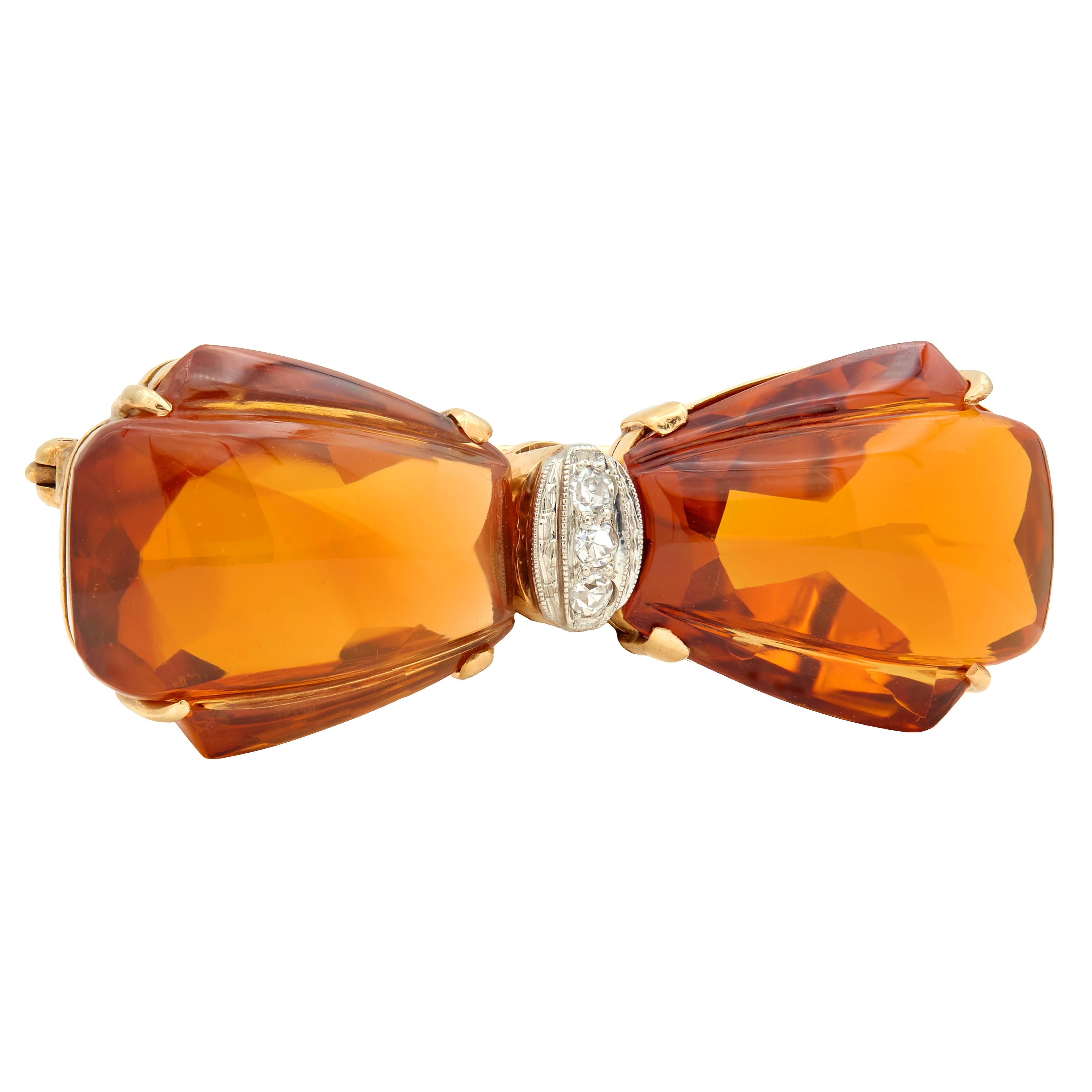 Art Deco Citrine Diamond 14 Karat Yellow Gold Platinum Vintage Bowtie Brooch