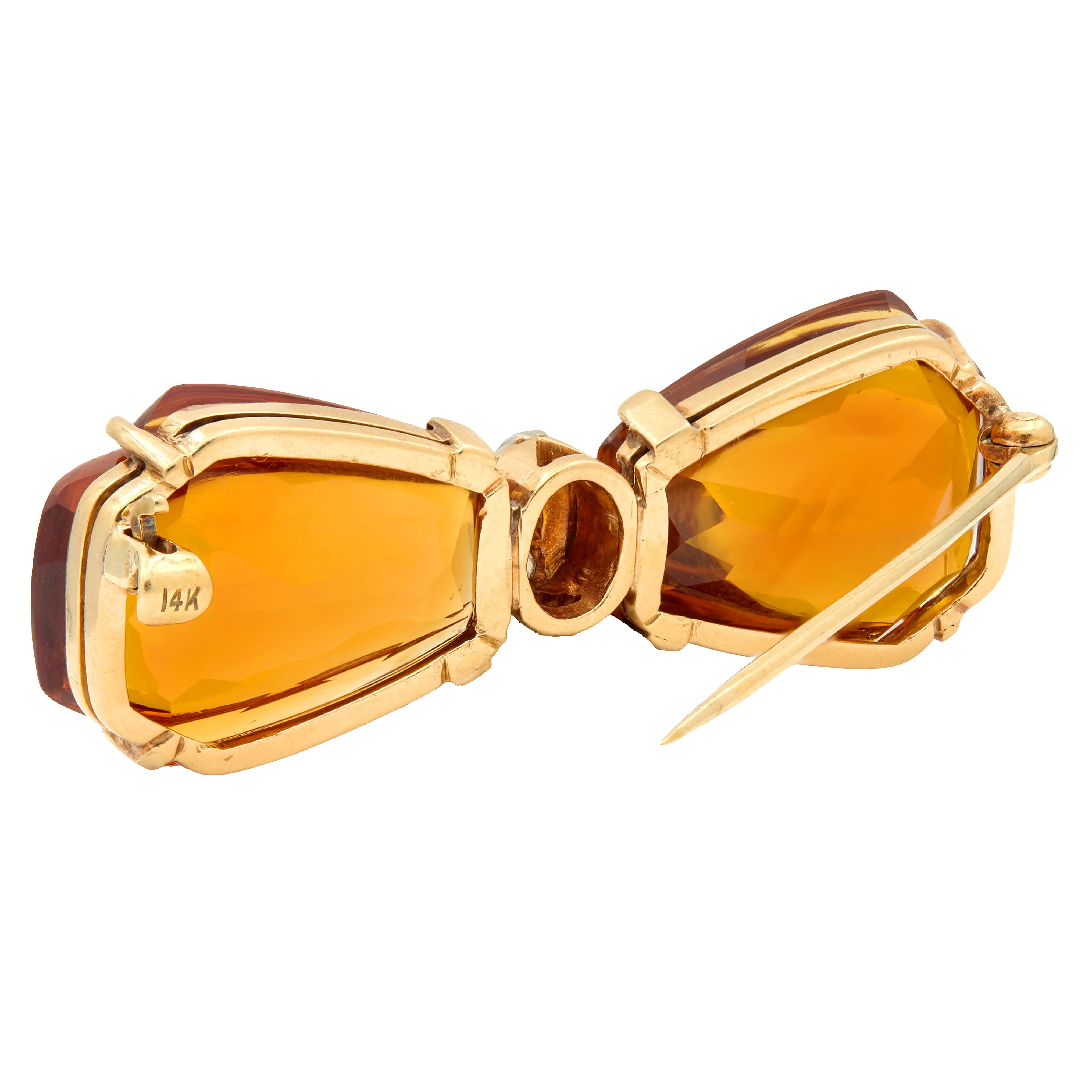 Art Deco Citrine Diamond 14 Karat Yellow Gold Platinum Vintage Bowtie Brooch