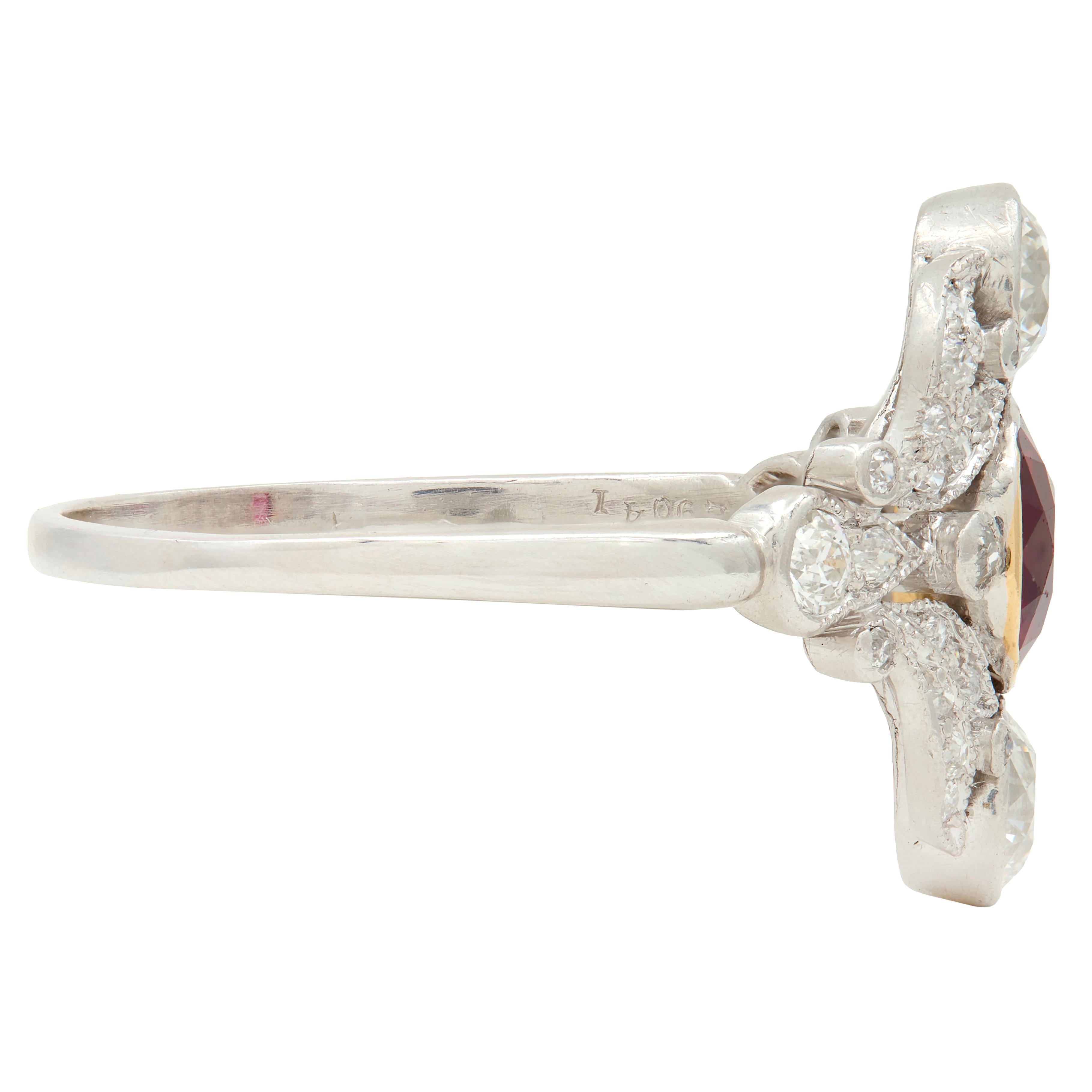 J.E. Caldwell Ruby Diamond Platinum 18K Gold Antique Foliate Dinner Ring GIA