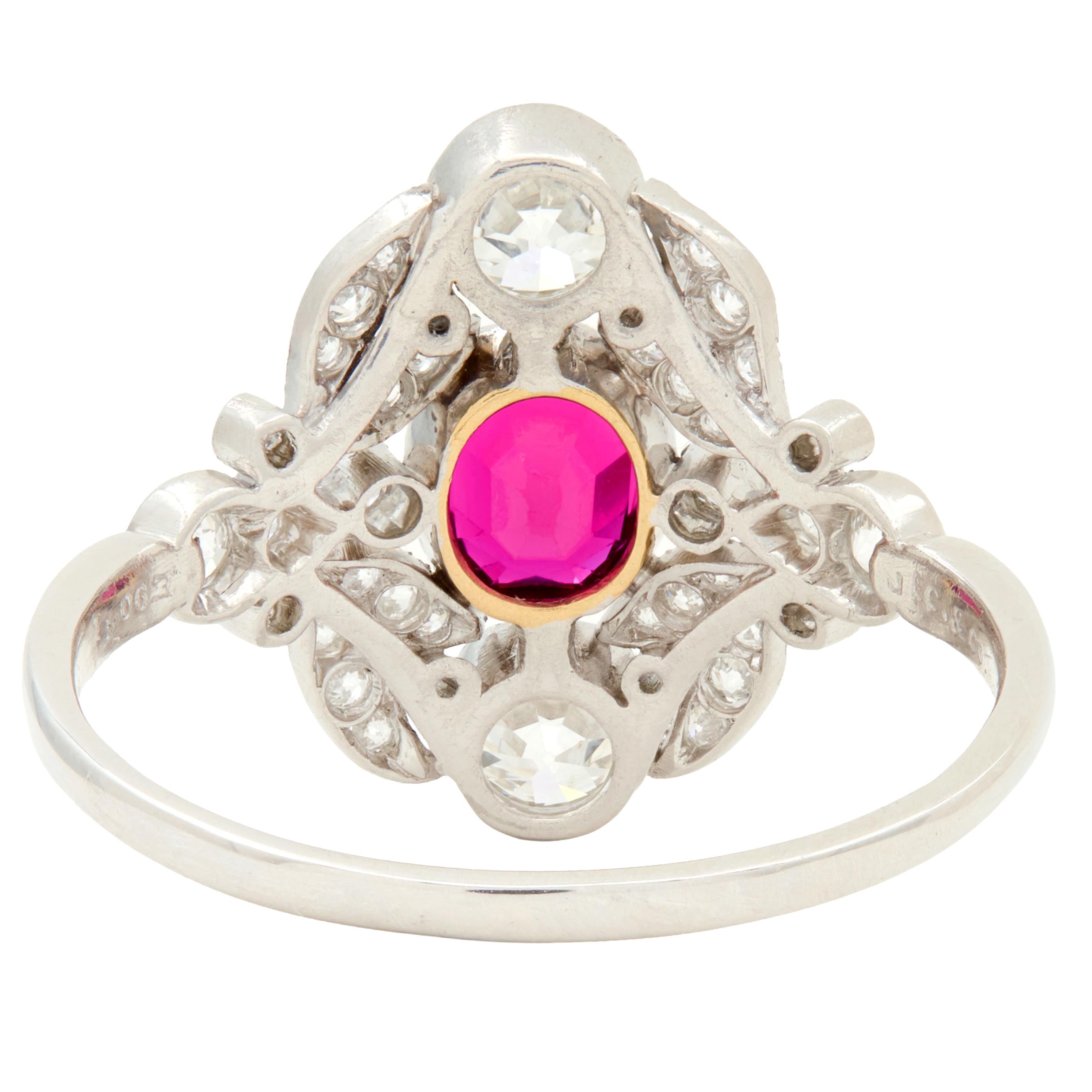 J.E. Caldwell Ruby Diamond Platinum 18K Gold Antique Foliate Dinner Ring GIA