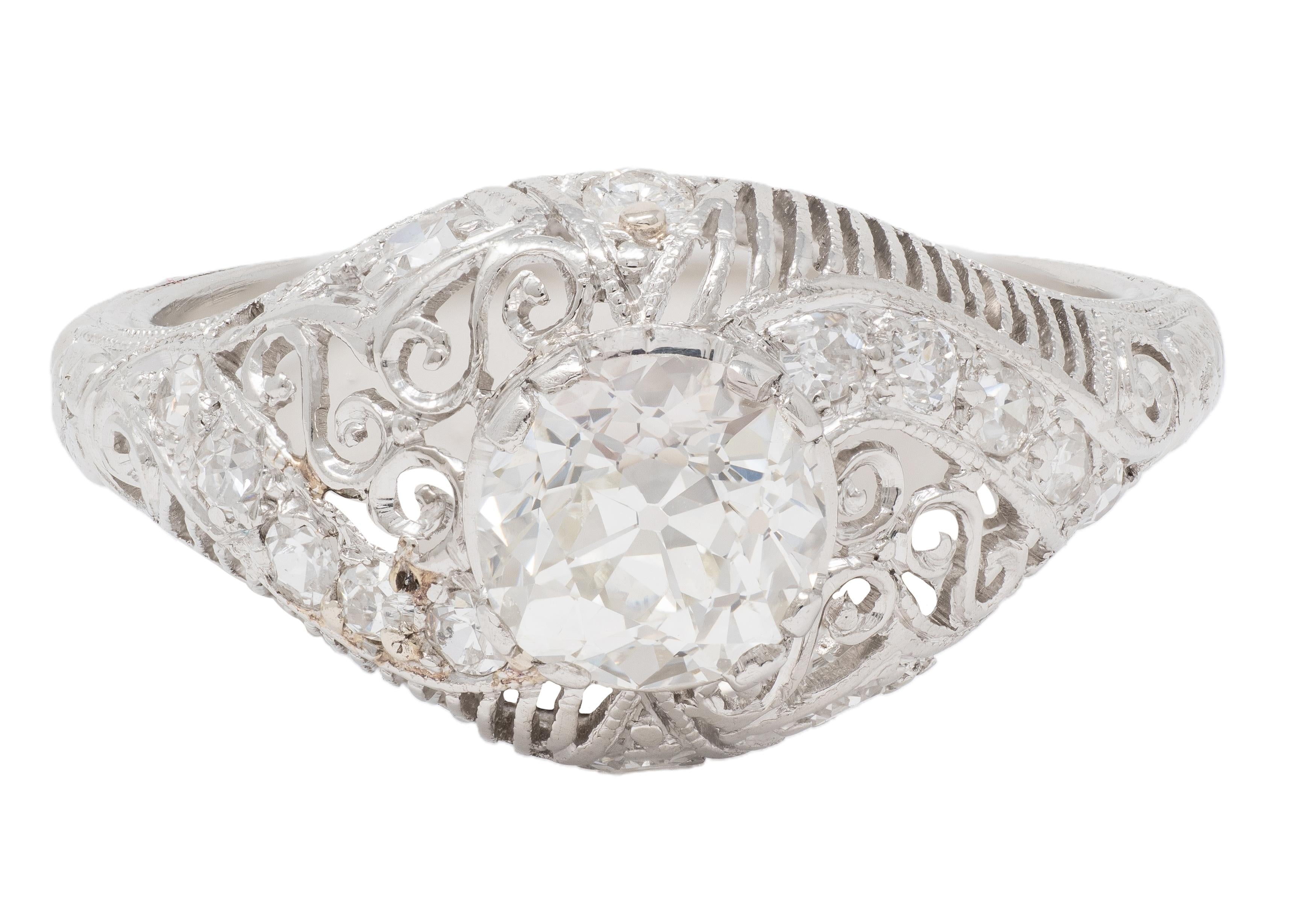 Edwardian 1.25 CTW Mine Diamond Platinum Scrolled Filigree Engagement Ring GIA
