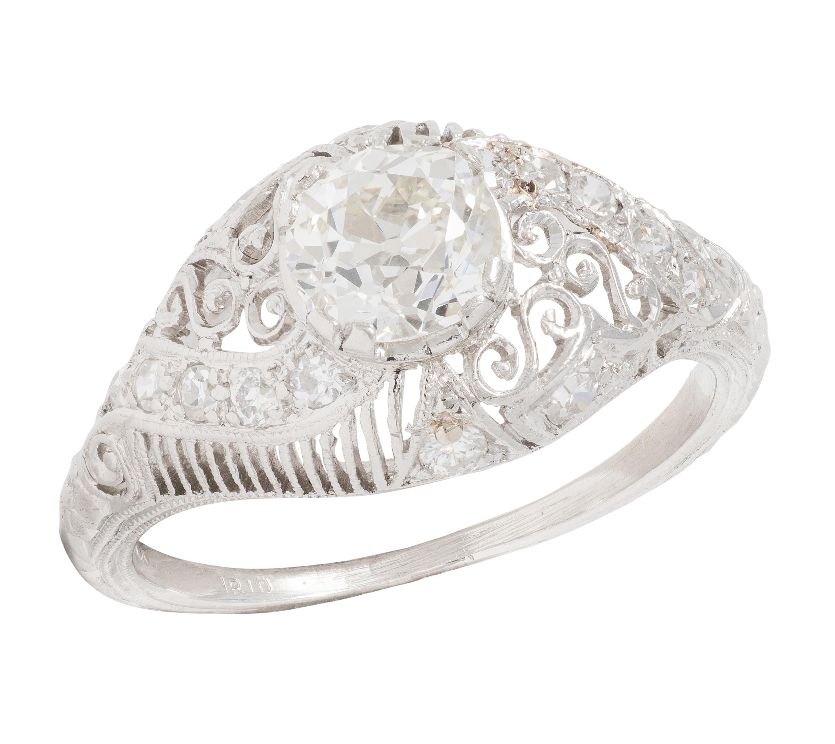 Edwardian 1.25 CTW Mine Diamond Platinum Scrolled Filigree Engagement Ring GIA