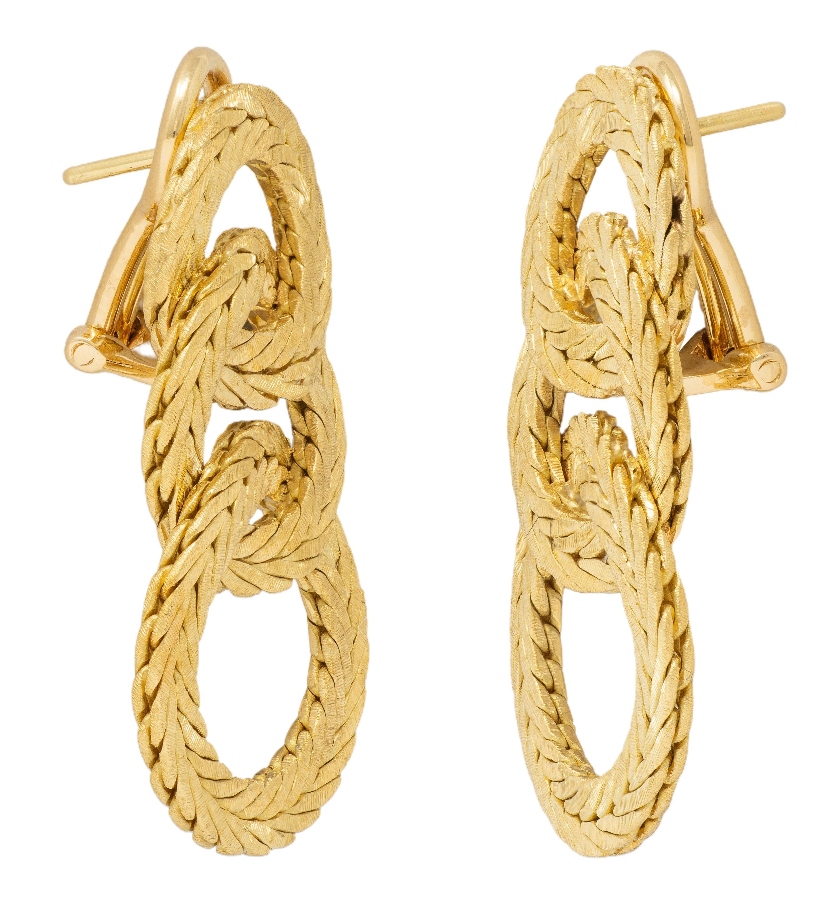Buccellati 1970's 18K Gold Vintage Herringbone Chain Triple Hoop Drop Earrings