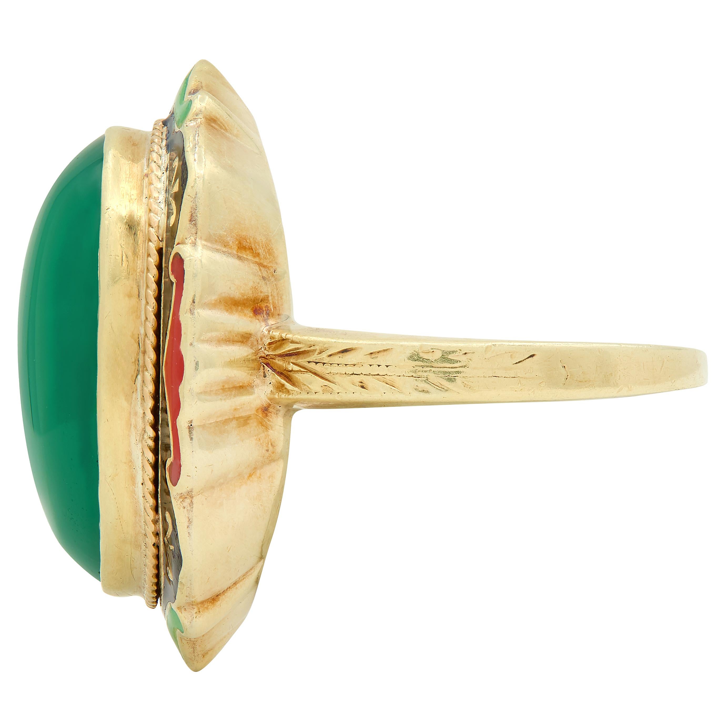 Early Art Deco Chalcedony Enamel 14 Karat Yellow Gold Antique Cocktail Ring