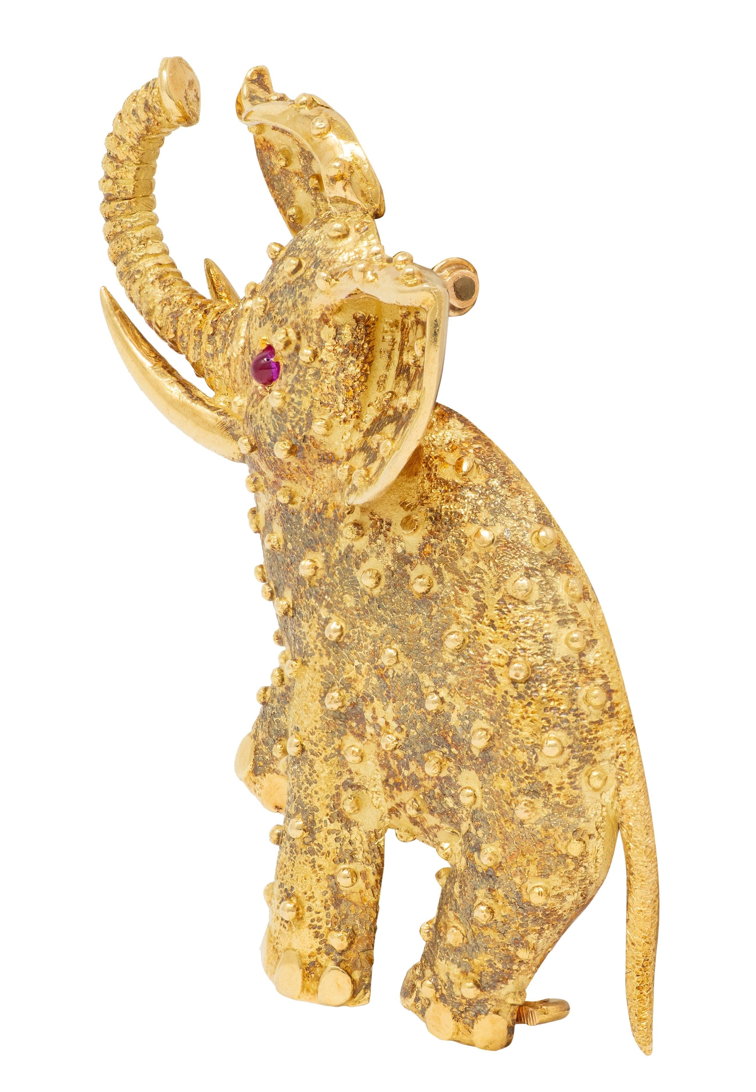 Cartier French 1960's Ruby 18 Karat Yellow Gold Vintage Elephant Brooch