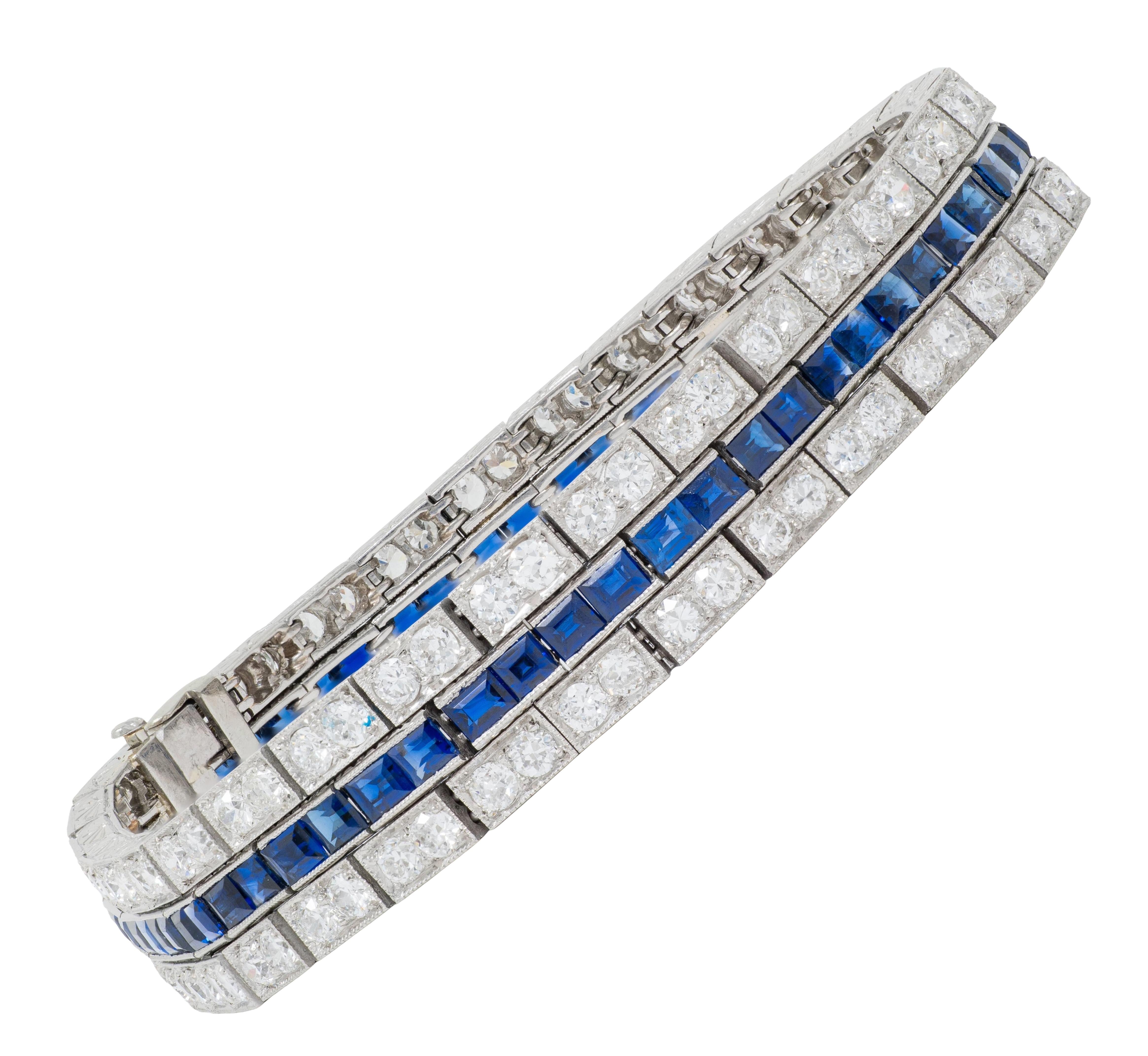 Art Deco 16.80 CTW Diamond Sapphire Platinum Foliate Vintage Line Bracelet