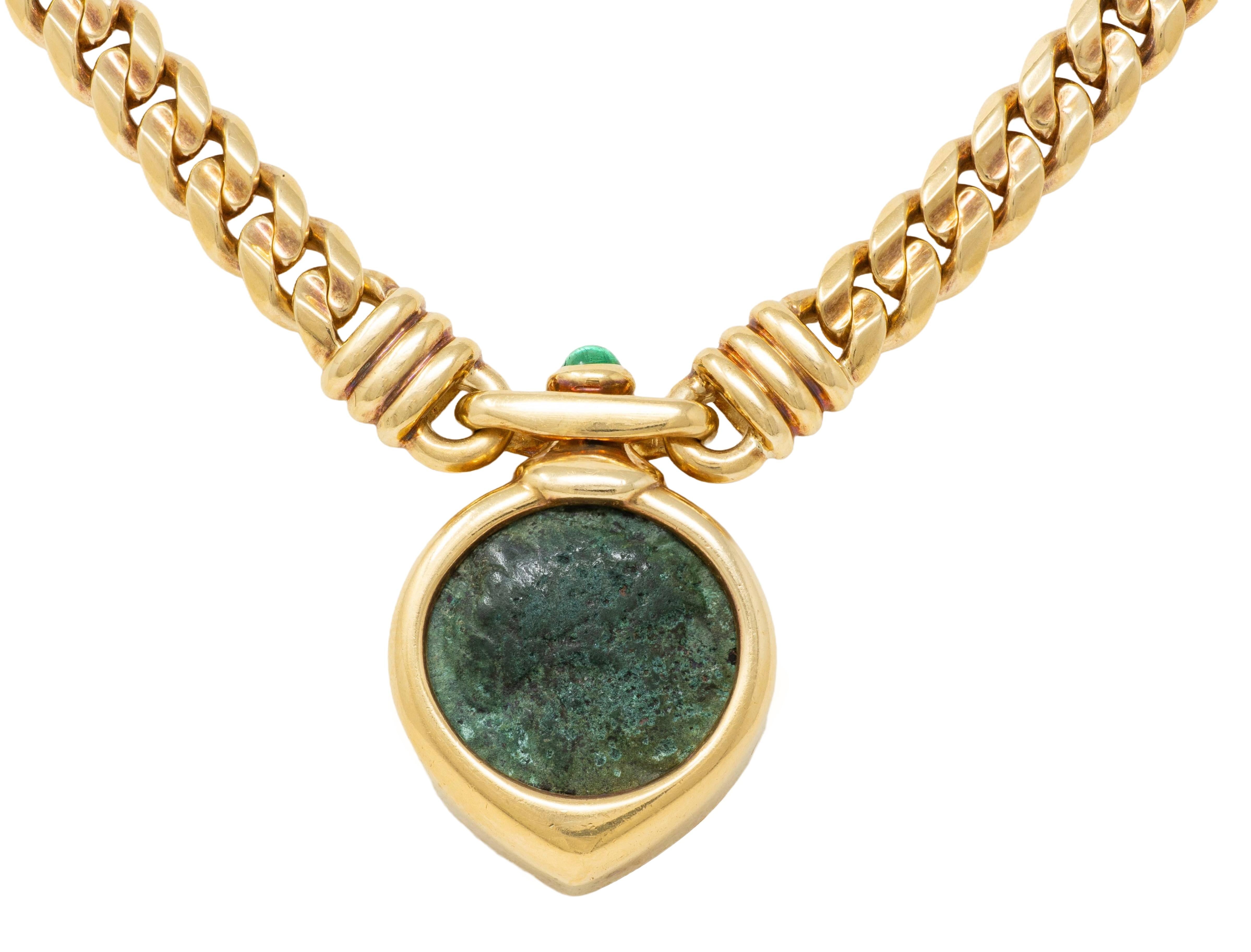 Bulgari 1980's Ancient Coin Emerald 18K Yellow Gold Vintage Monete Necklace
