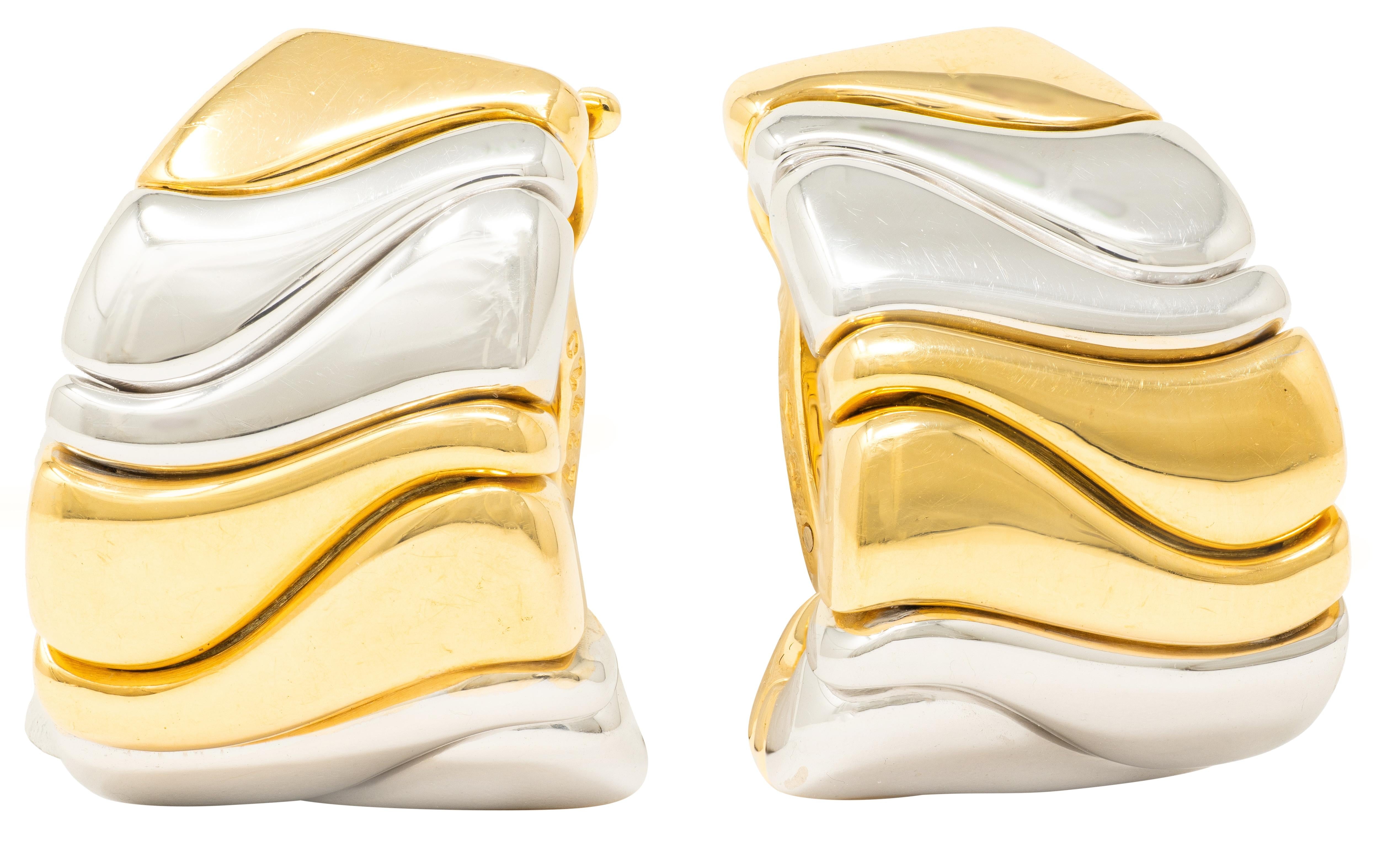 Marina B. 1990s 18 Karat Gold Wavy Vintage Milano-Karen J-Hoop Ear-Clip Earrings