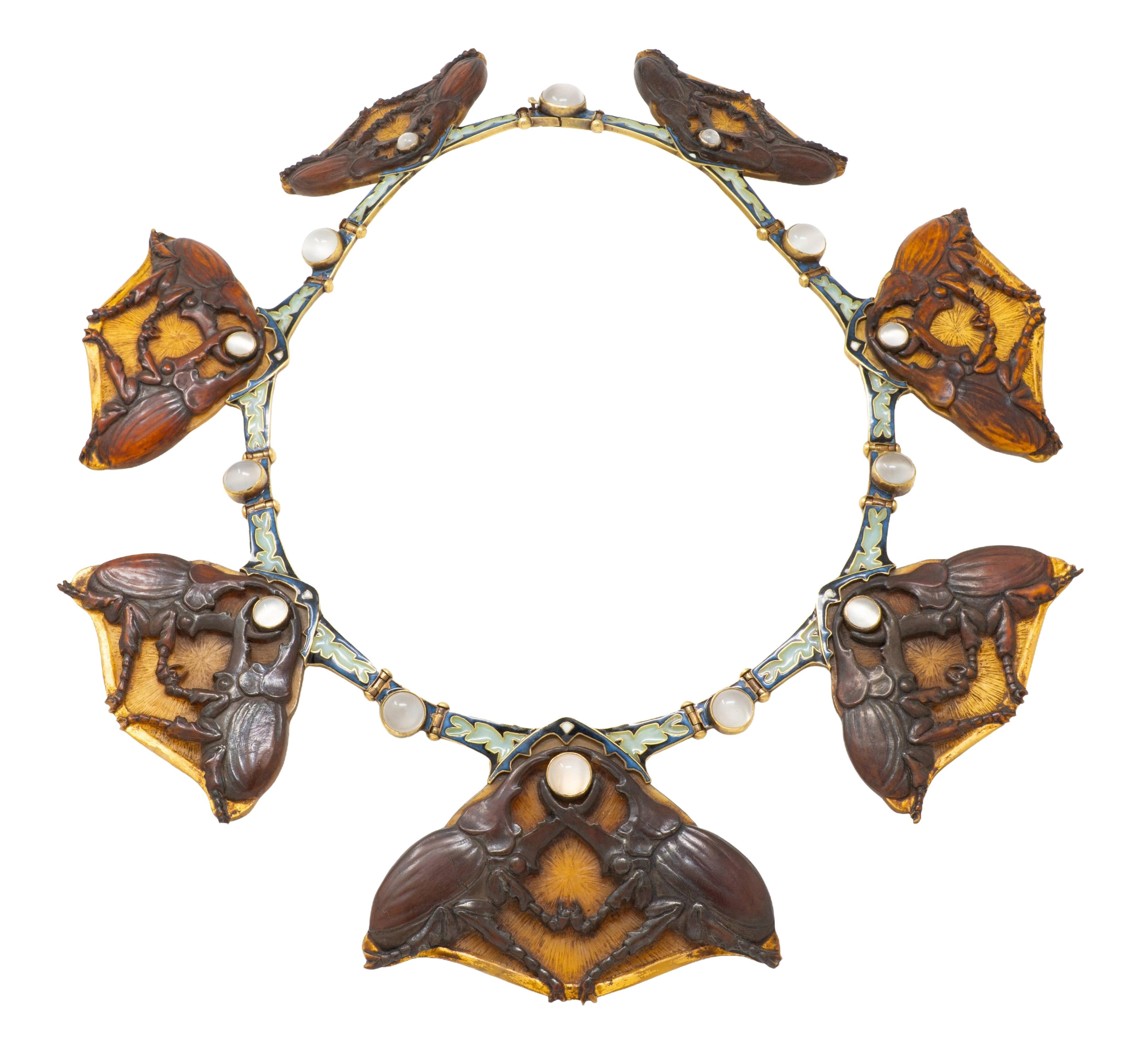 Lalique Moonstone Horn Enamel 18 Karat Yellow Gold Antique Stag Beetle Necklace