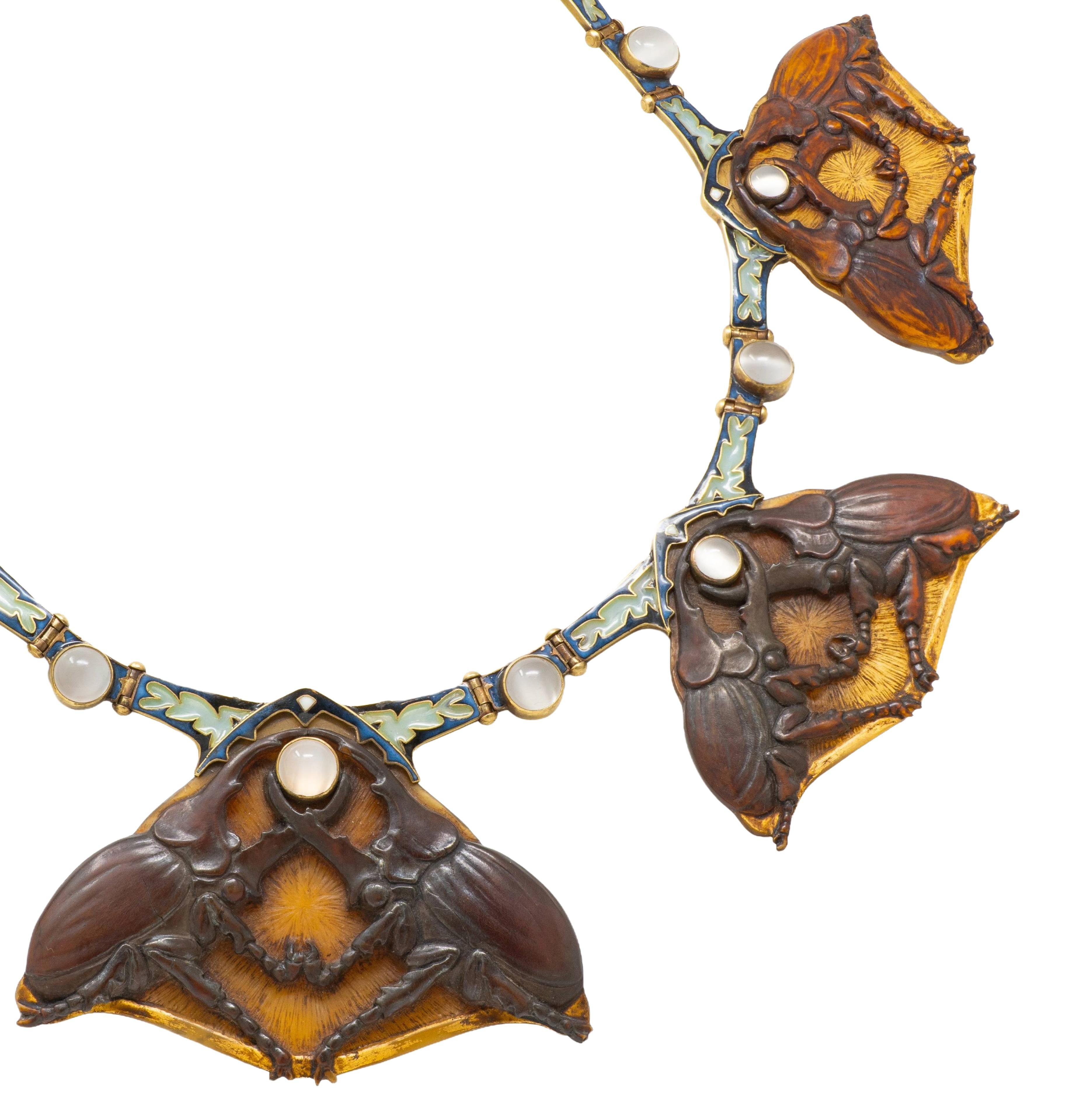 Lalique Moonstone Horn Enamel 18 Karat Yellow Gold Antique Stag Beetle Necklace