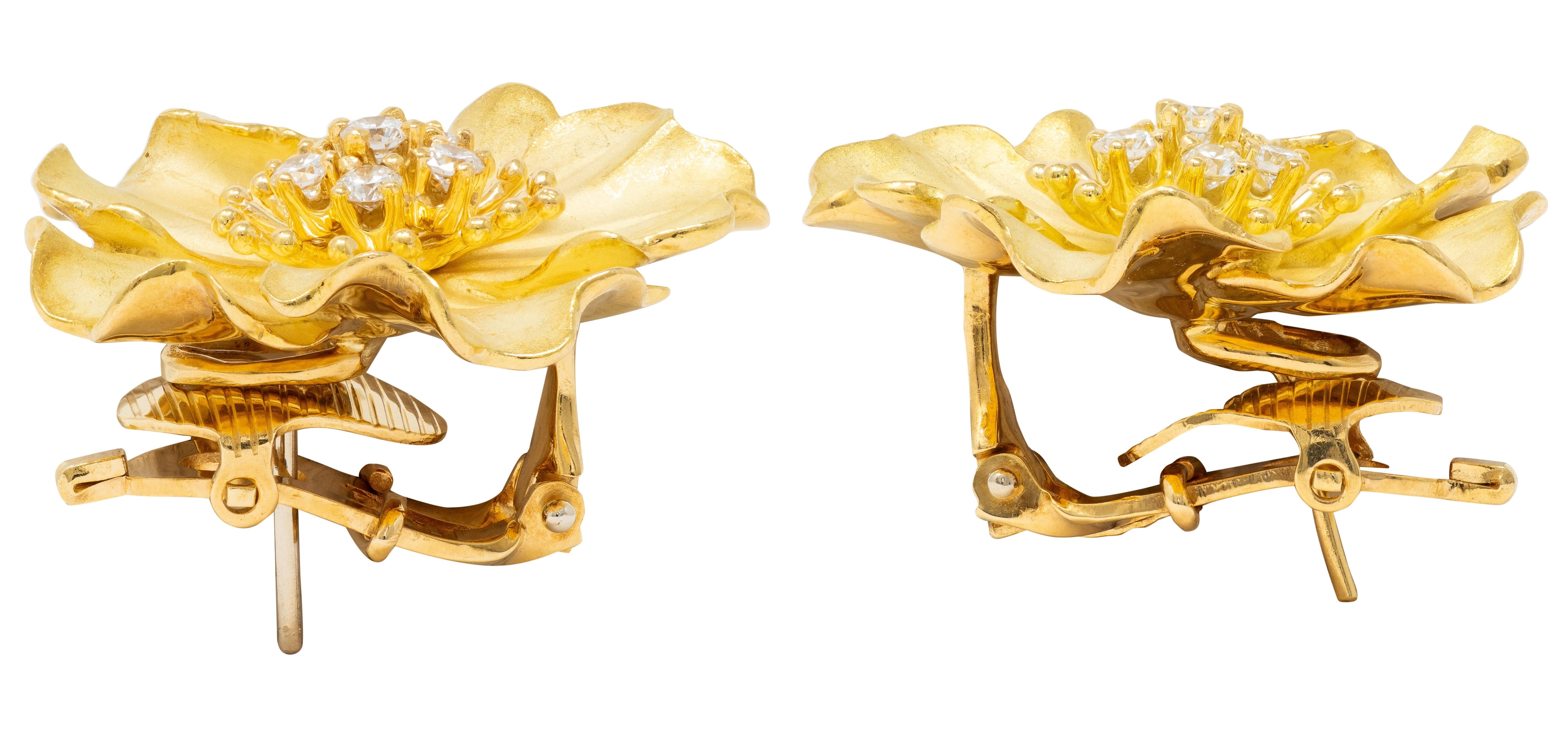 Tiffany & Co. Diamond 18 Karat Yellow Gold Vintage Alpine Rose Flower Earrings