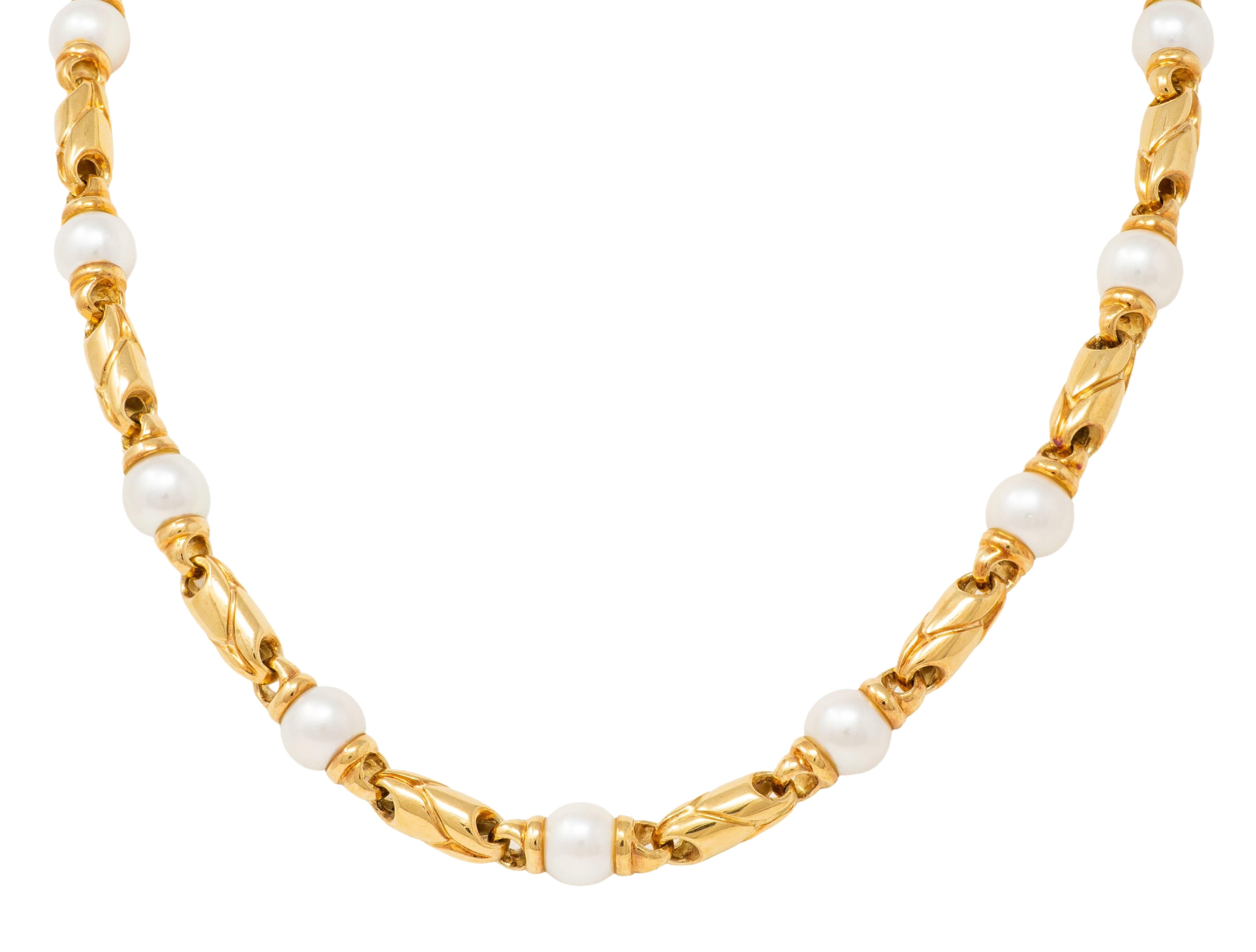 Bulgari 1980's Cultured Pearl 18K Gold Vintage Passo Doppio Link Necklace