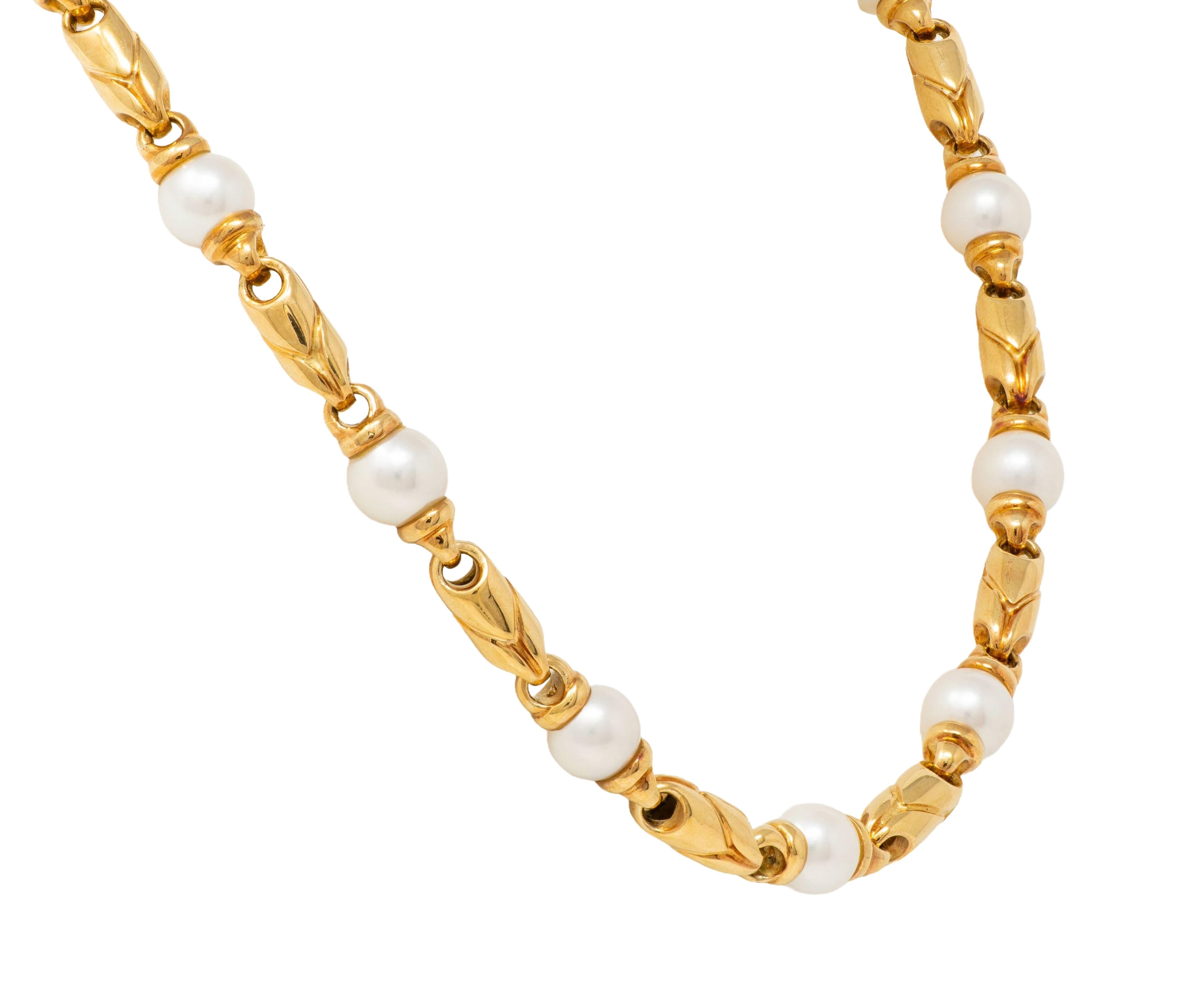 Bulgari 1980's Cultured Pearl 18K Gold Vintage Passo Doppio Link Necklace