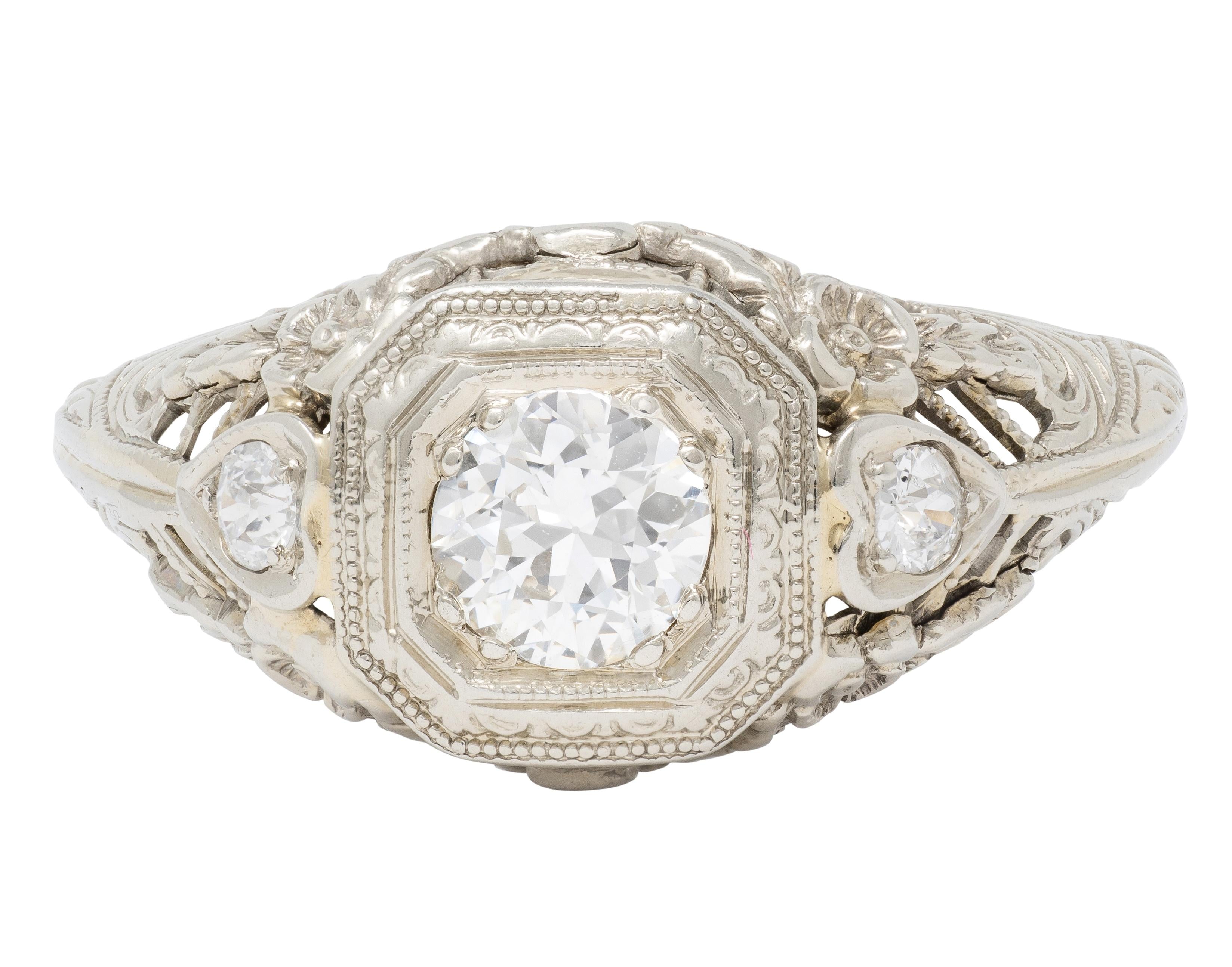 Art Deco Old European Diamond 18K White Gold Antique Heart Engagement Ring