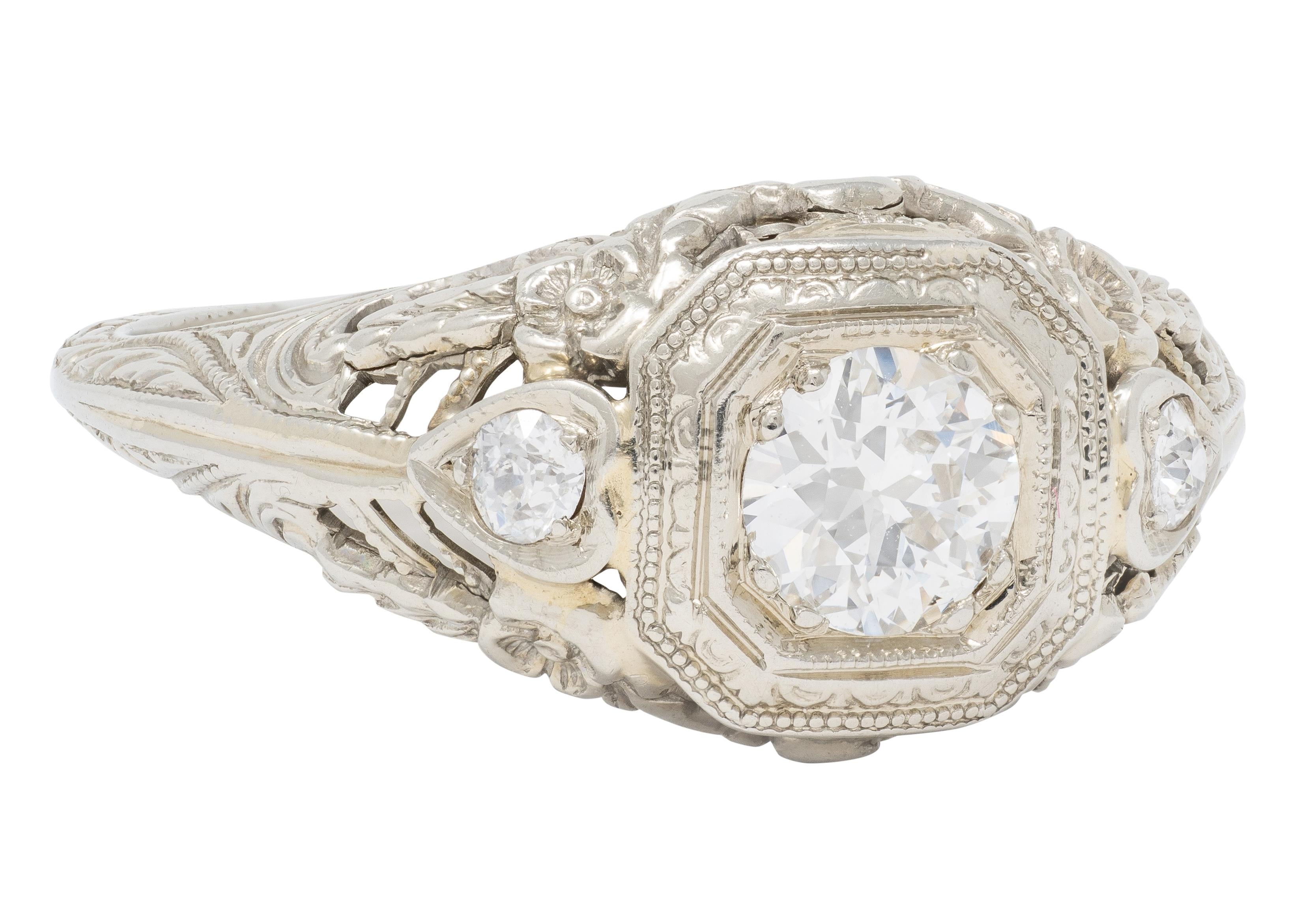 Art Deco Old European Diamond 18K White Gold Antique Heart Engagement Ring