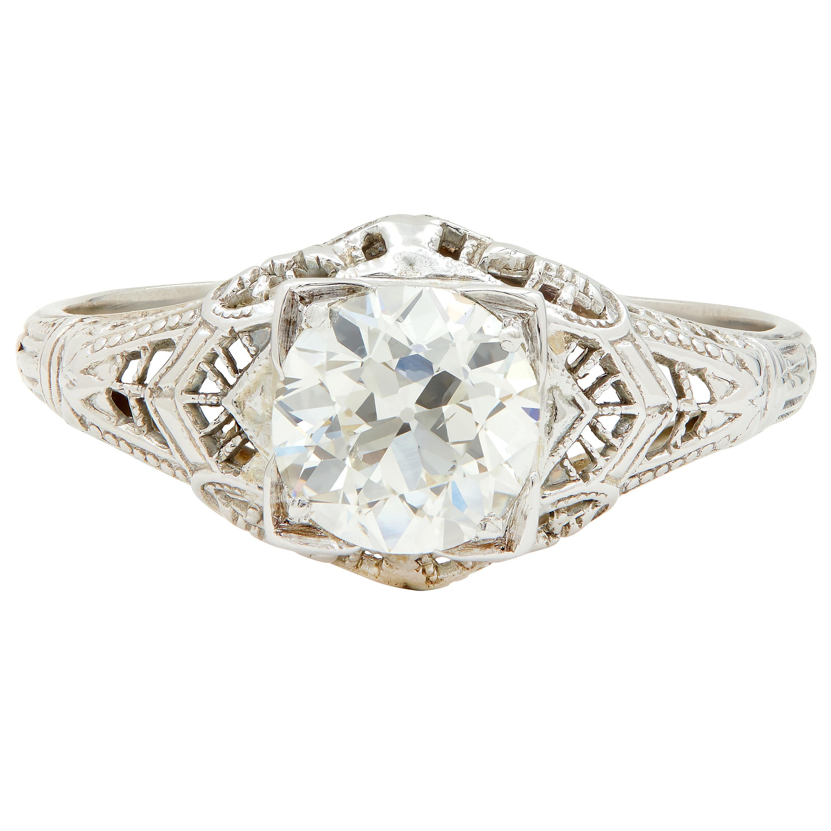 Art Deco 1.01 CTW European Diamond 18 Karat White Gold Antique Engagement Ring