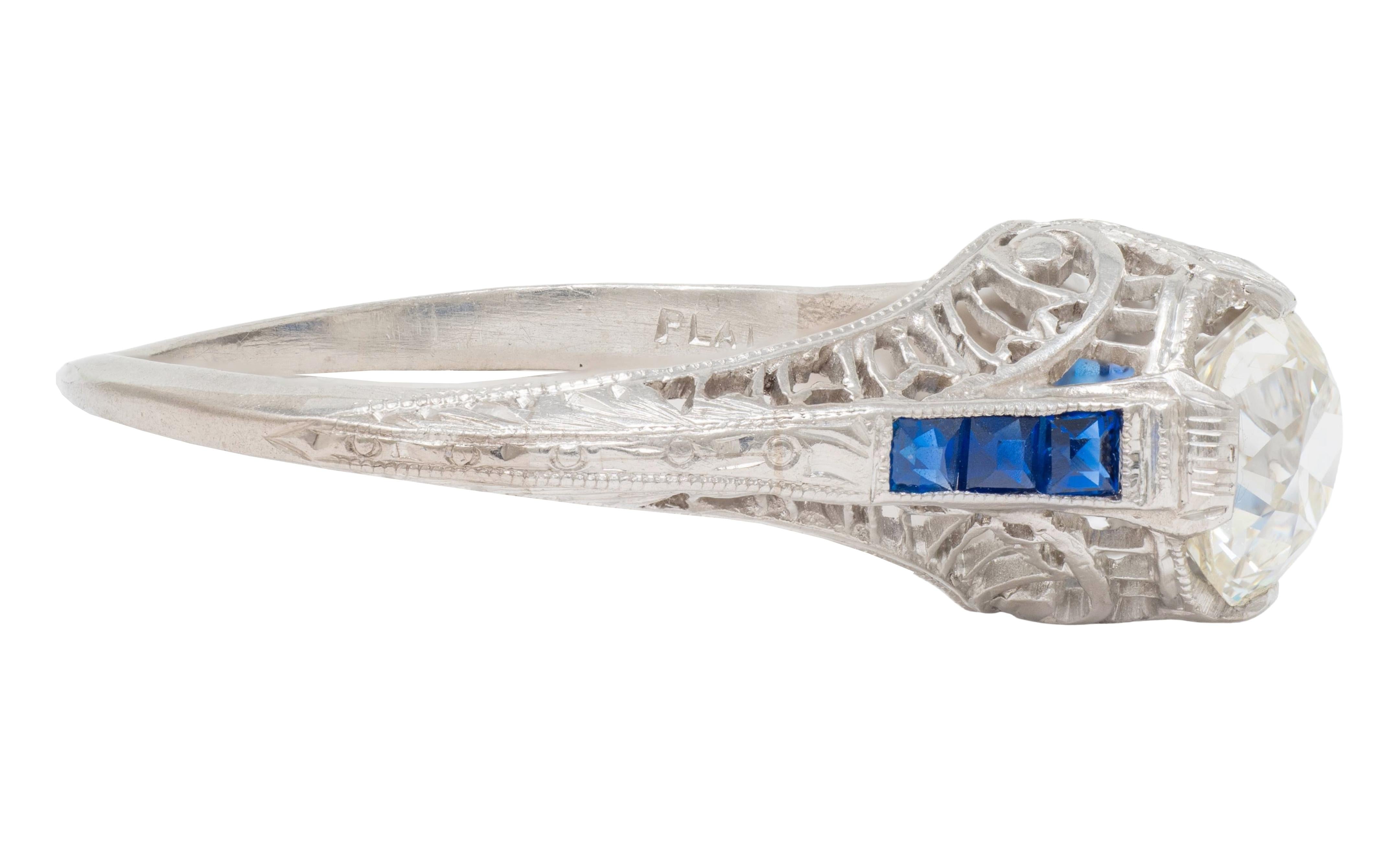 Art Deco 1.52 CTW Old Mine Cut Diamond Sapphire Platinum Vintage Engagement Ring