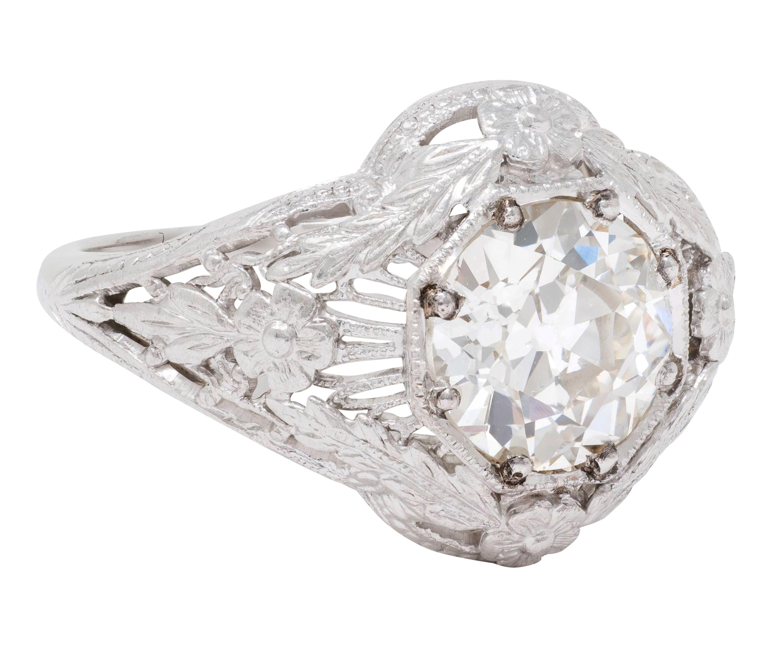 Art Deco Old European Cut Diamond 18K White Gold Floral Vintage Engagement Ring
