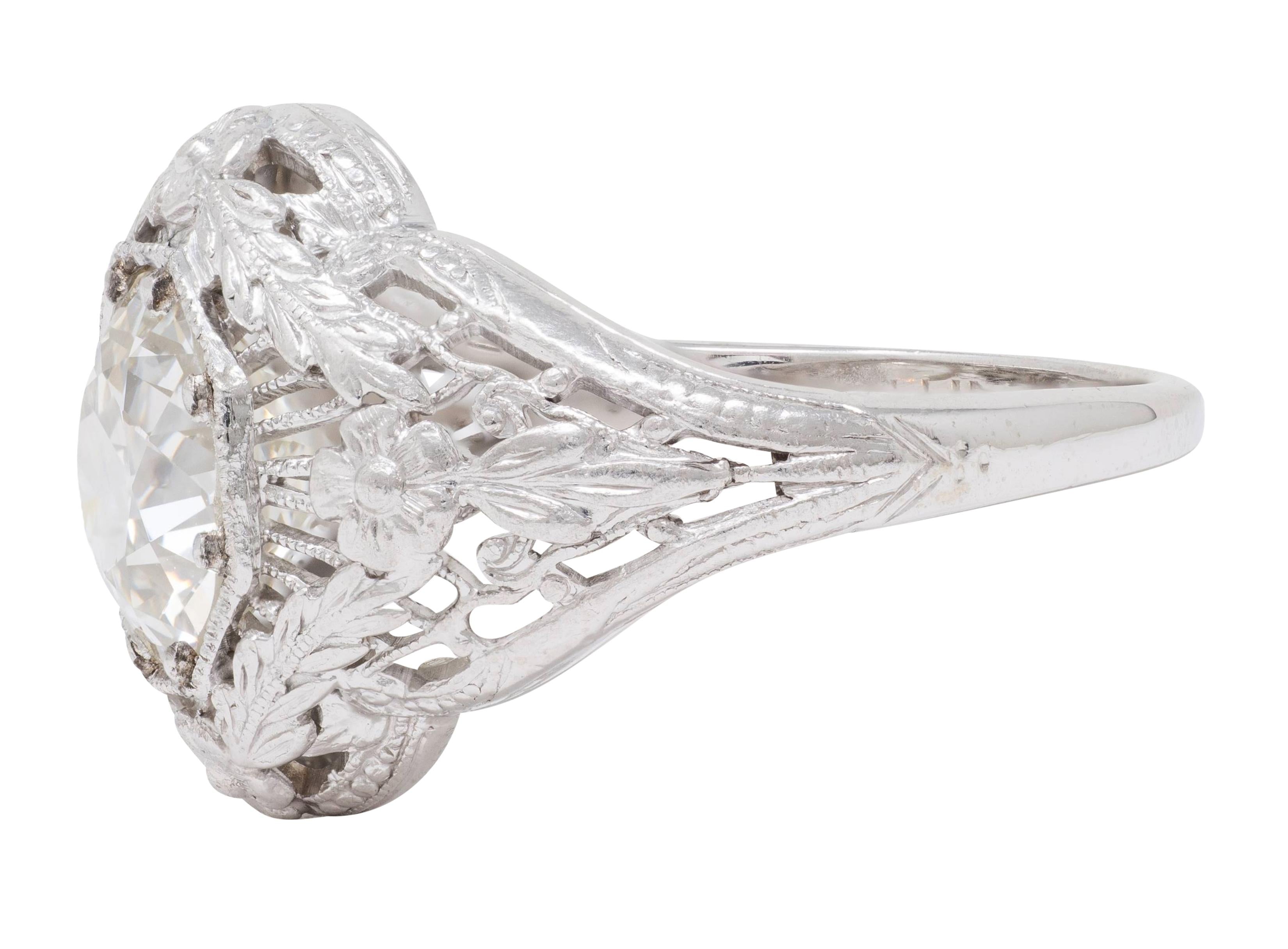 Art Deco Old European Cut Diamond 18K White Gold Floral Vintage Engagement Ring